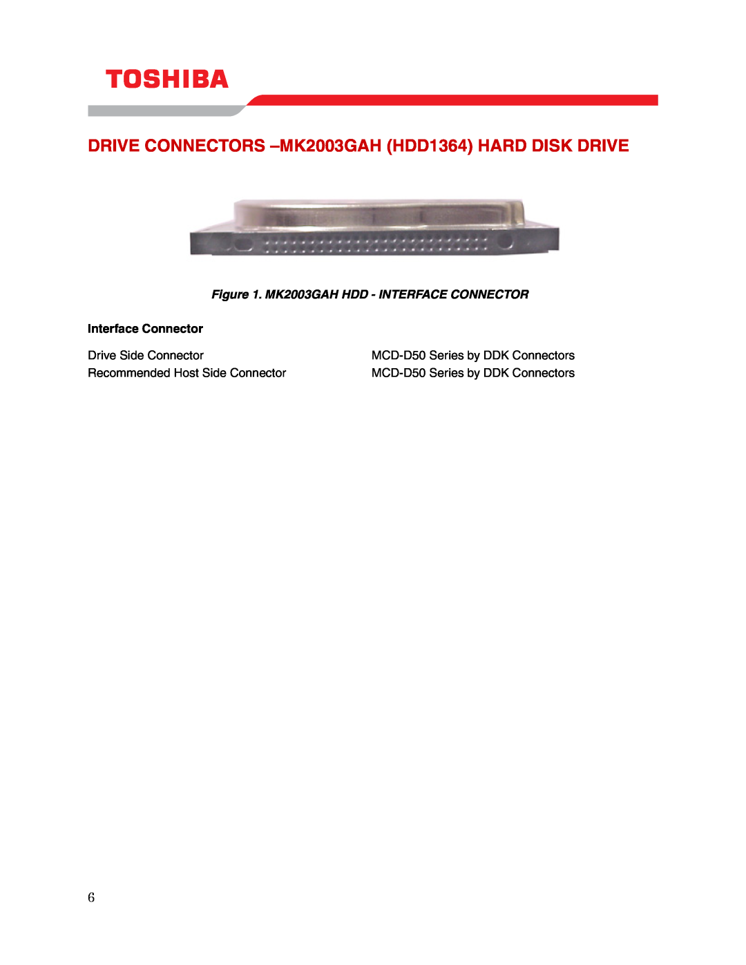 Toshiba DRIVE CONNECTORS -MK2003GAH HDD1364 HARD DISK DRIVE, MK2003GAH HDD - INTERFACE CONNECTOR, Interface Connector 