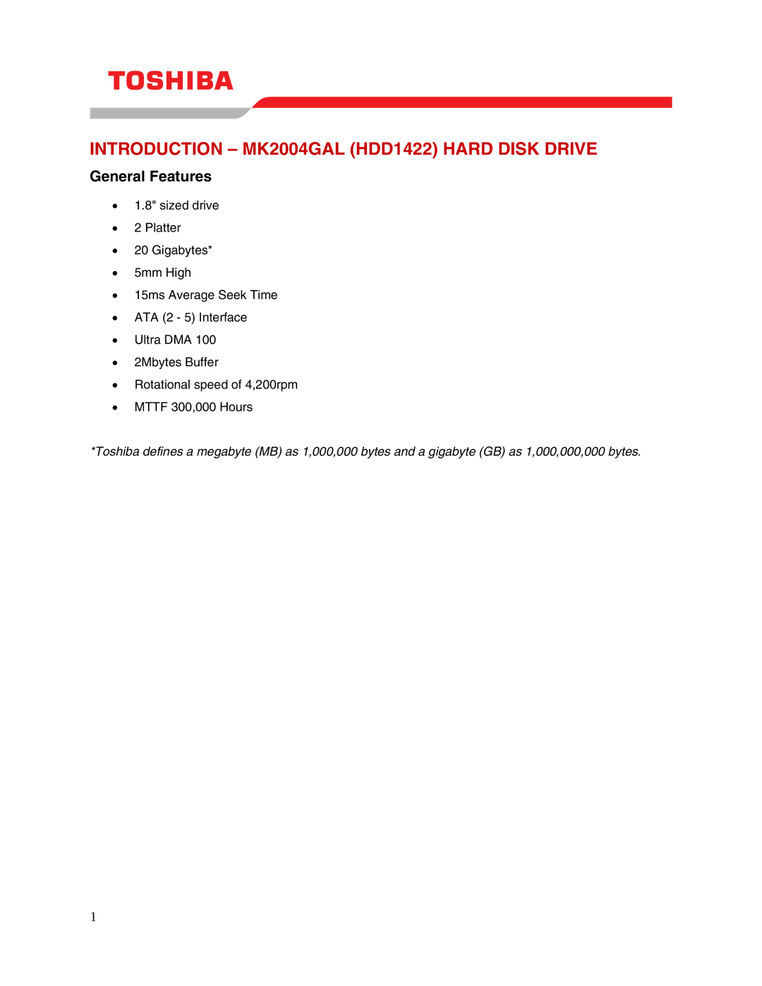 Toshiba user manual Introduction MK2004GAL HDD1422 Hard Disk Drive, General Features 