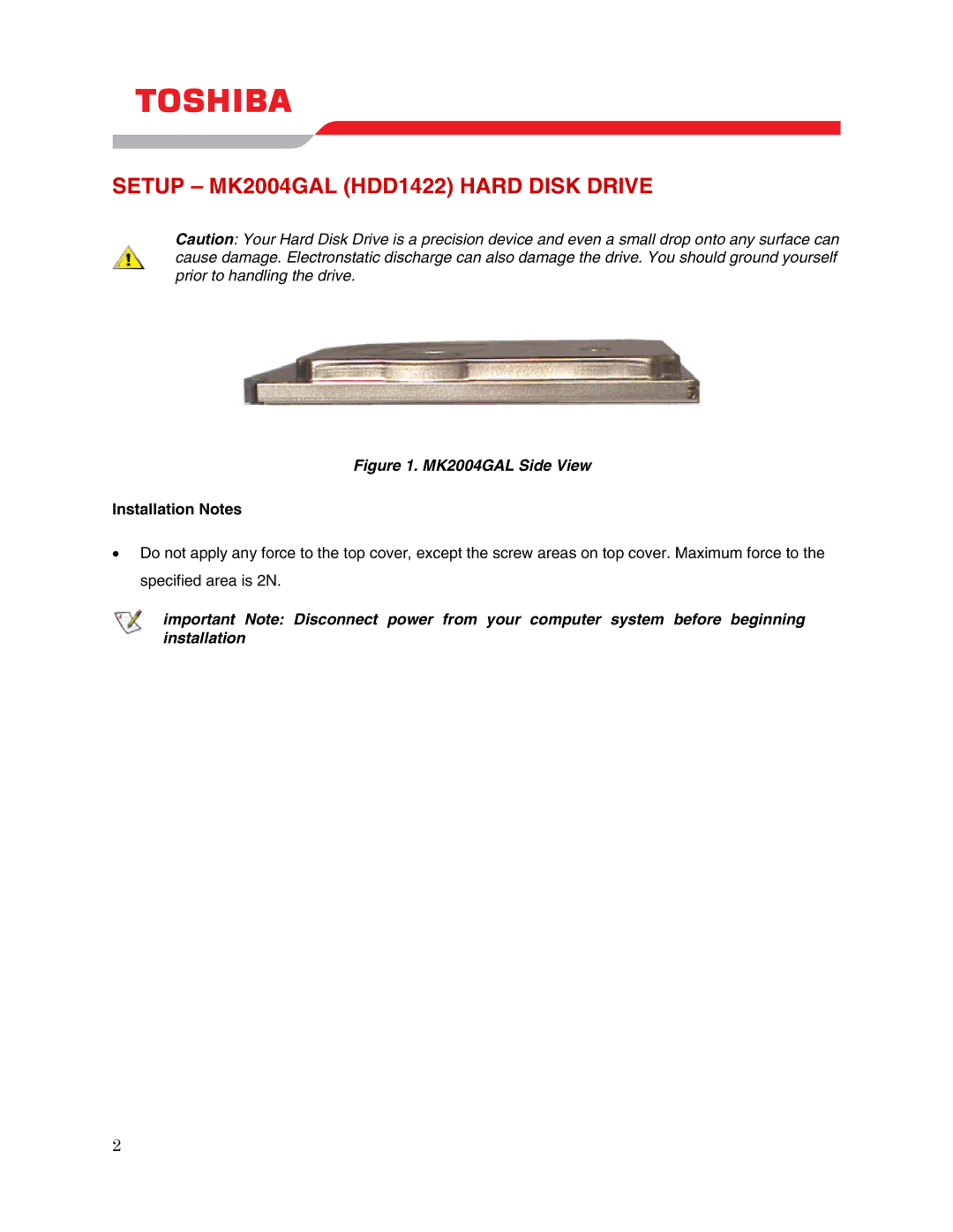 Toshiba user manual Setup MK2004GAL HDD1422 Hard Disk Drive, Installation Notes 