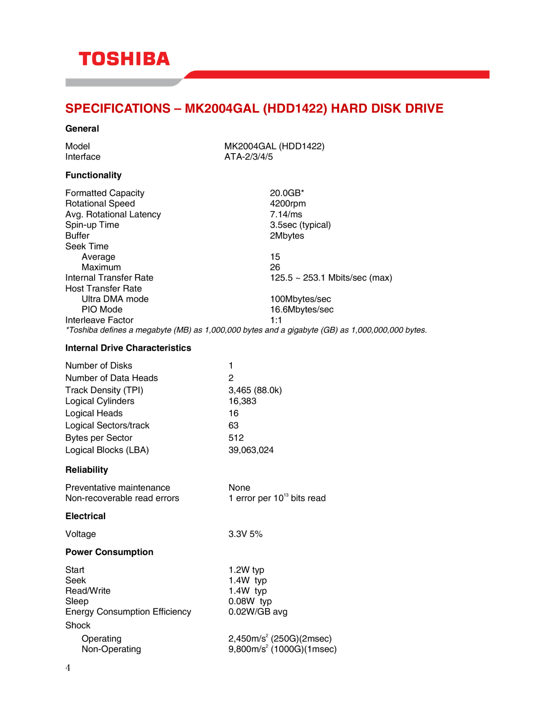 Toshiba user manual Specifications MK2004GAL HDD1422 Hard Disk Drive 