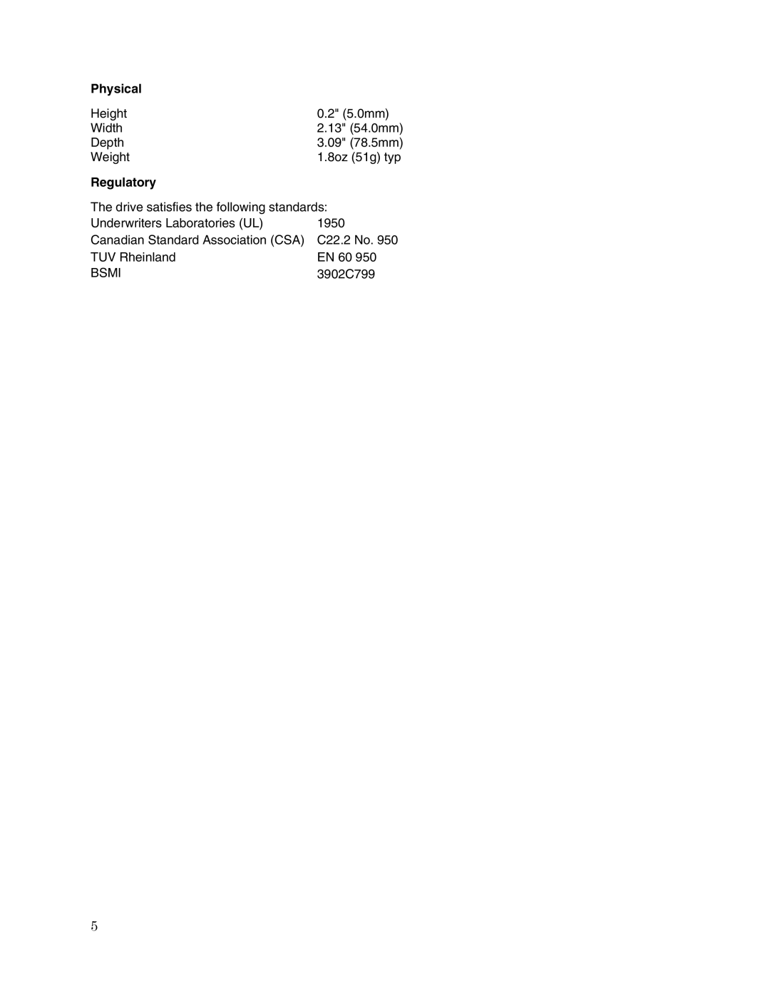 Toshiba MK2004GAL user manual Physical, Regulatory 