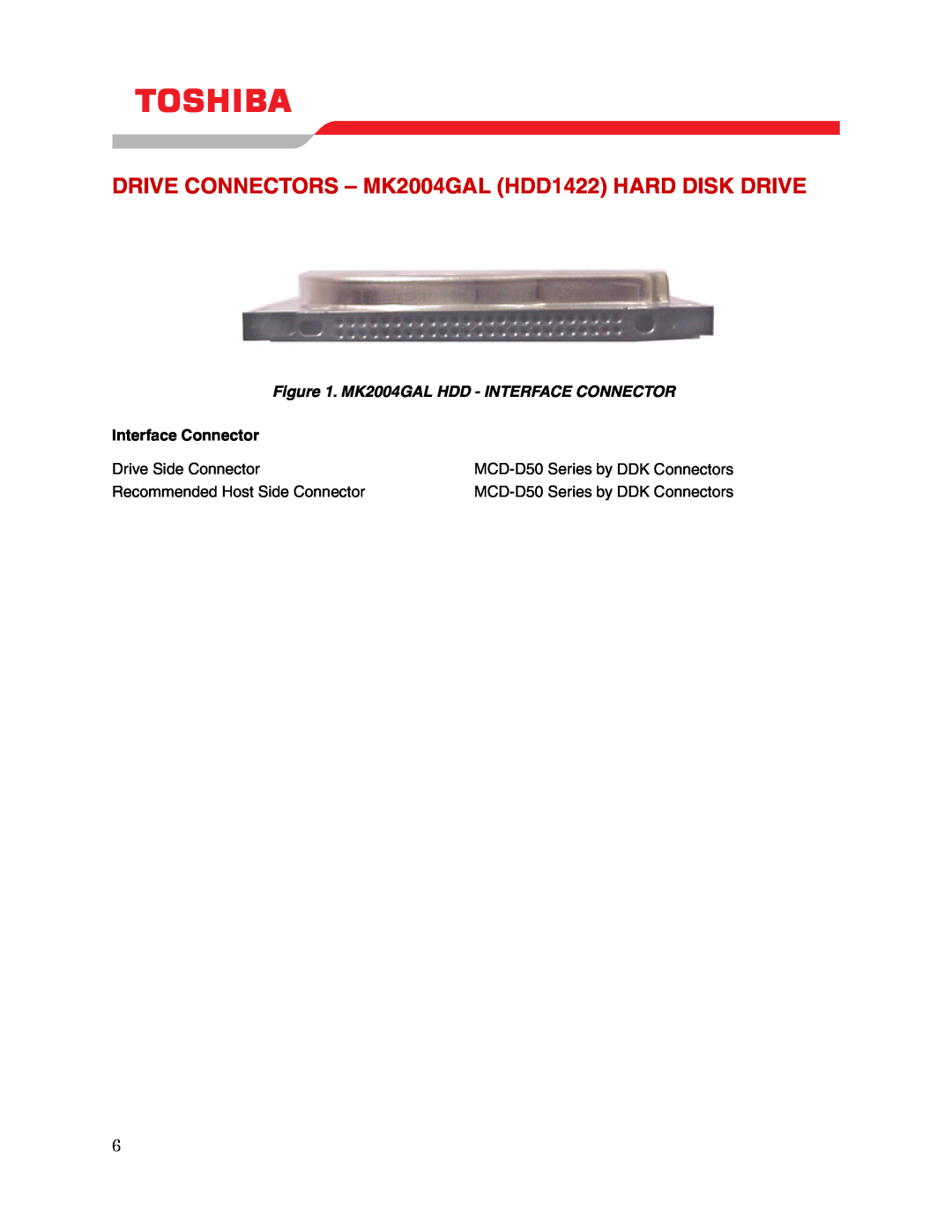 Toshiba DRIVE CONNECTORS - MK2004GAL HDD1422 HARD DISK DRIVE, MK2004GAL HDD - INTERFACE CONNECTOR, Interface Connector 