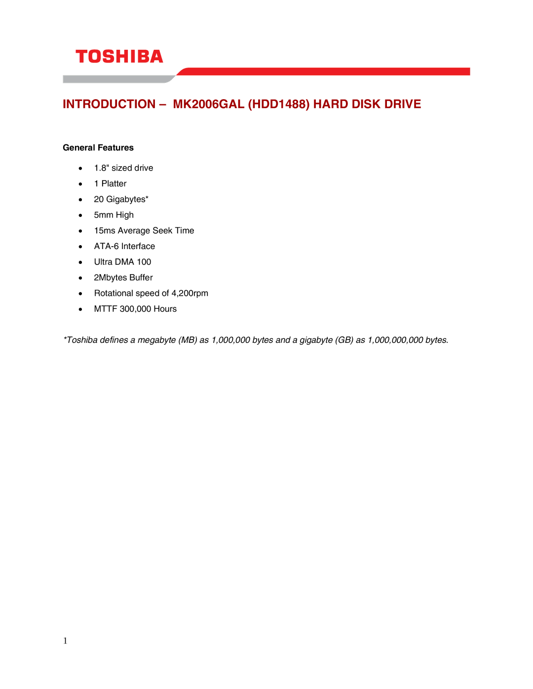 Toshiba user manual Introduction MK2006GAL HDD1488 Hard Disk Drive, General Features 