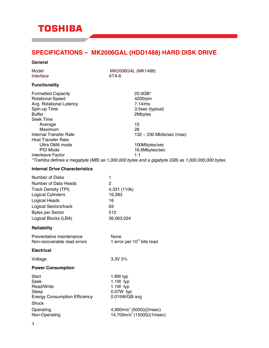 Toshiba MK2006GAL user manual Functionality, Internal Drive Characteristics, Reliability, Electrical, Power Consumption 