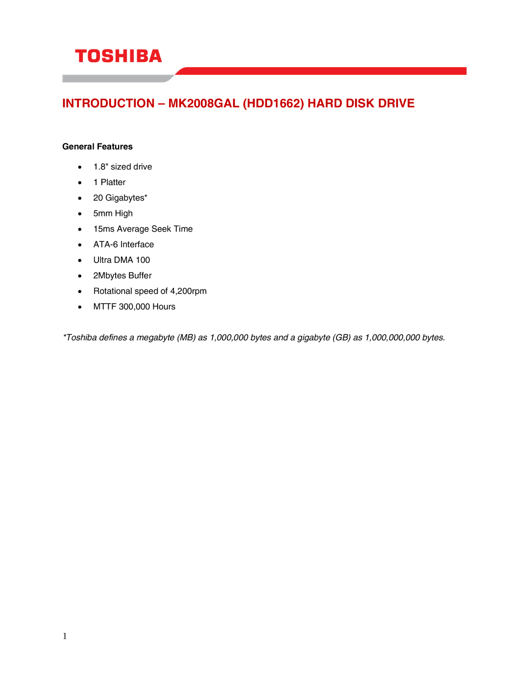 Toshiba user manual Introduction MK2008GAL HDD1662 Hard Disk Drive, General Features 