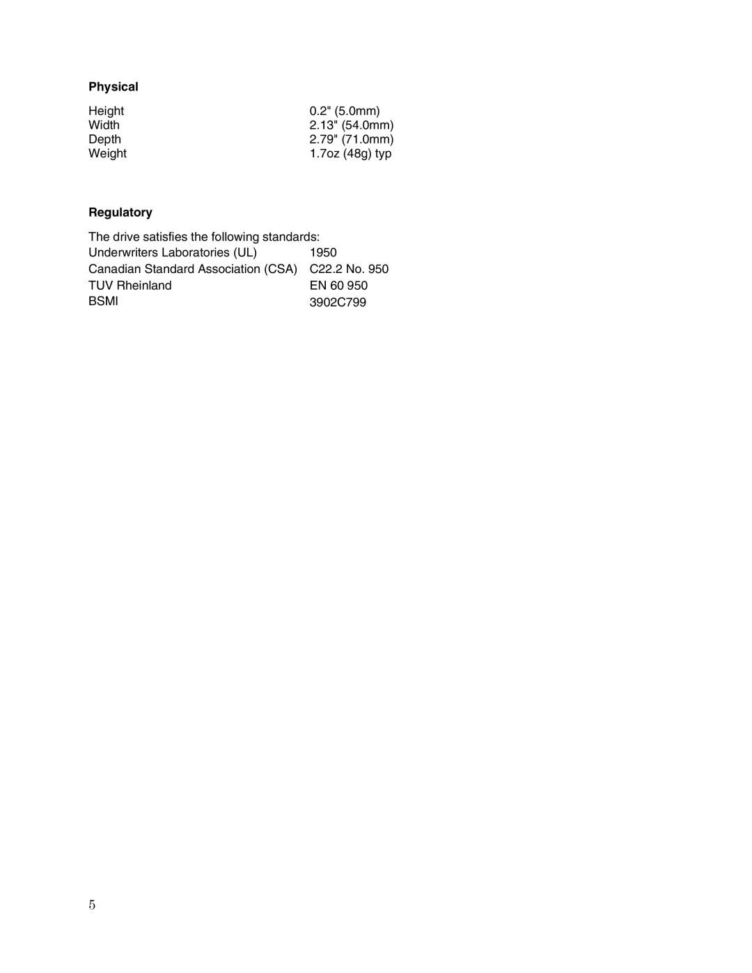 Toshiba MK2008GAL user manual Physical, Regulatory 