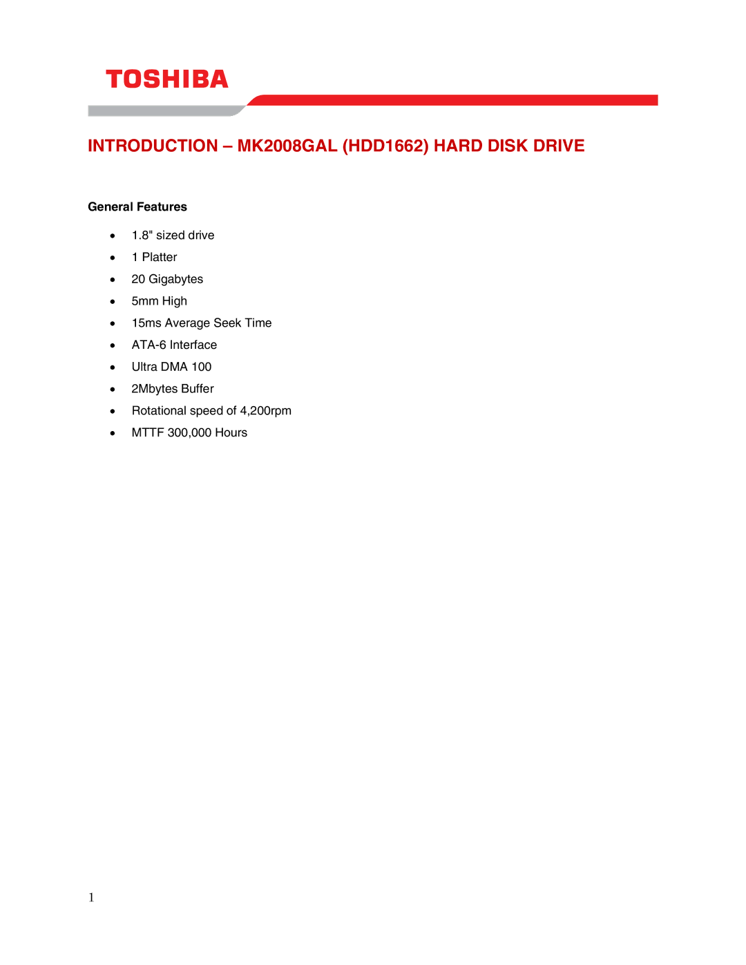 Toshiba user manual Introduction MK2008GAL HDD1662 Hard Disk Drive, General Features 