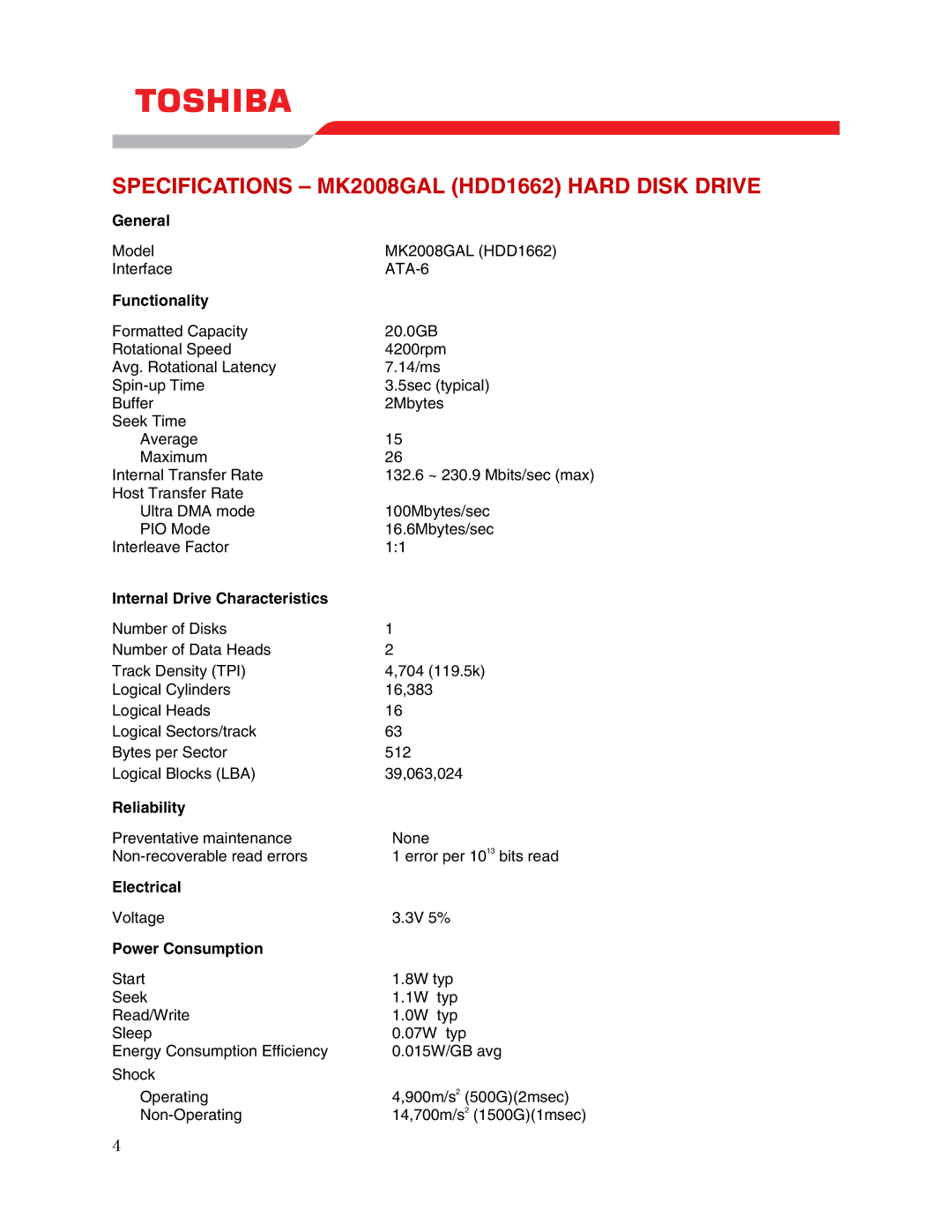 Toshiba user manual Specifications MK2008GAL HDD1662 Hard Disk Drive 