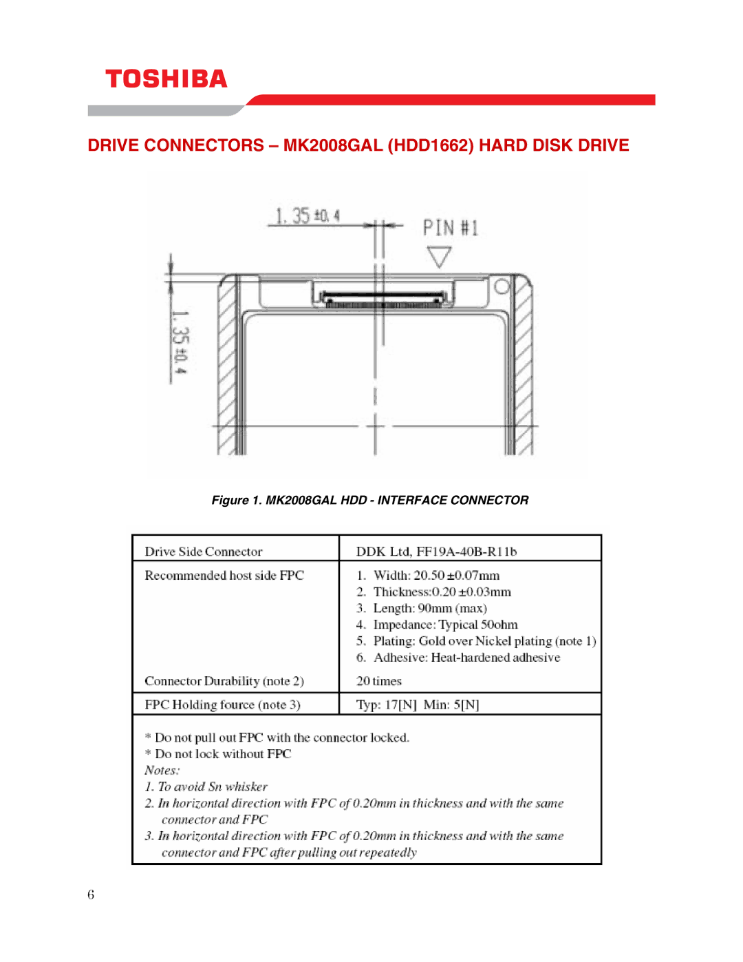 Toshiba user manual Drive Connectors MK2008GAL HDD1662 Hard Disk Drive, MK2008GAL HDD Interface Connector 