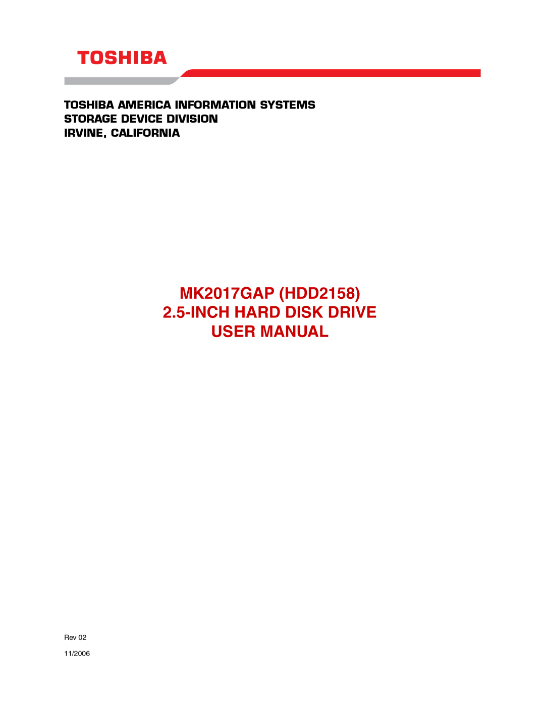 Toshiba MK2017GAP (HDD2158) user manual Inch Hard Disk Drive 