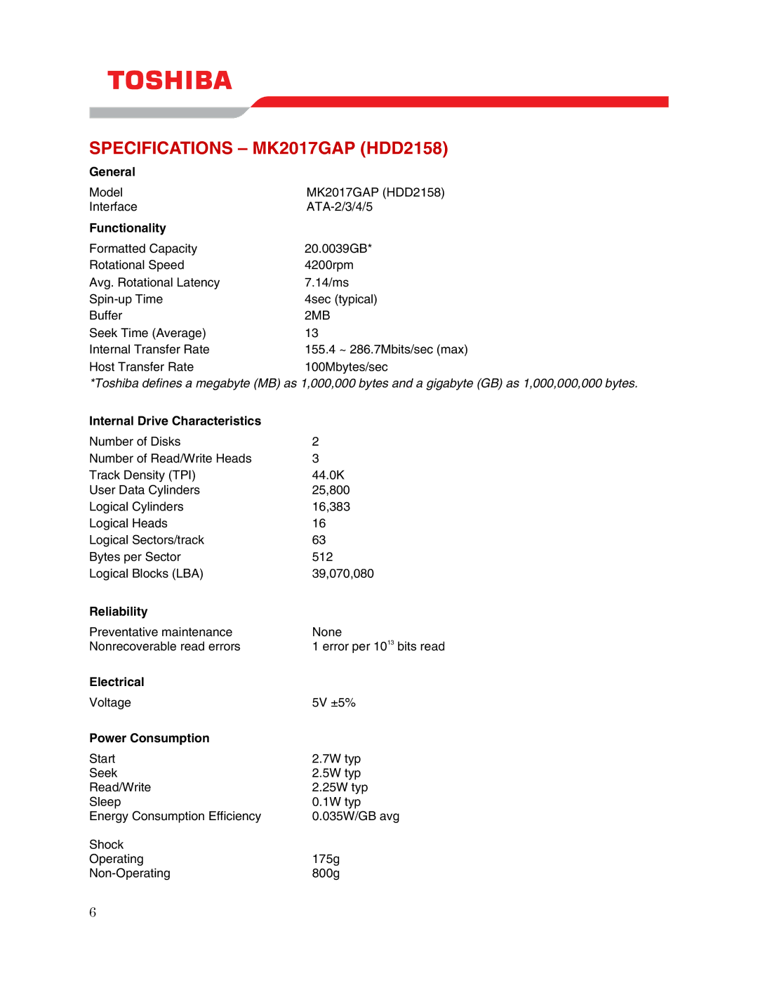 Toshiba MK2017GAP (HDD2158) user manual Specifications MK2017GAP HDD2158 