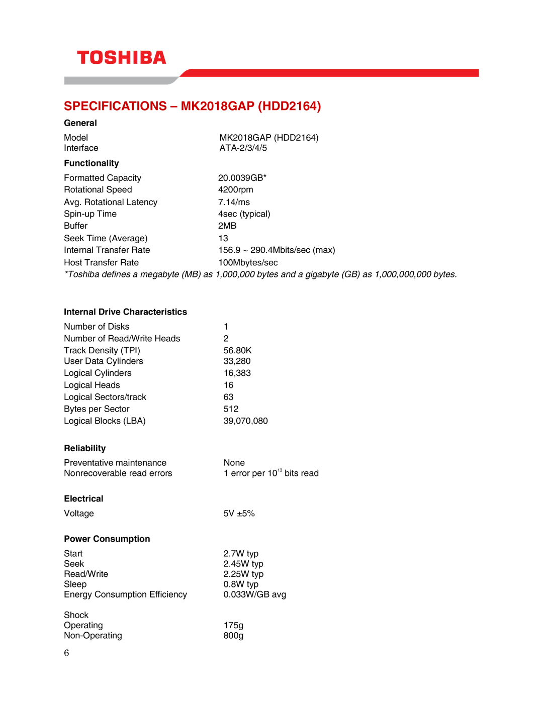 Toshiba user manual Specifications MK2018GAP HDD2164 