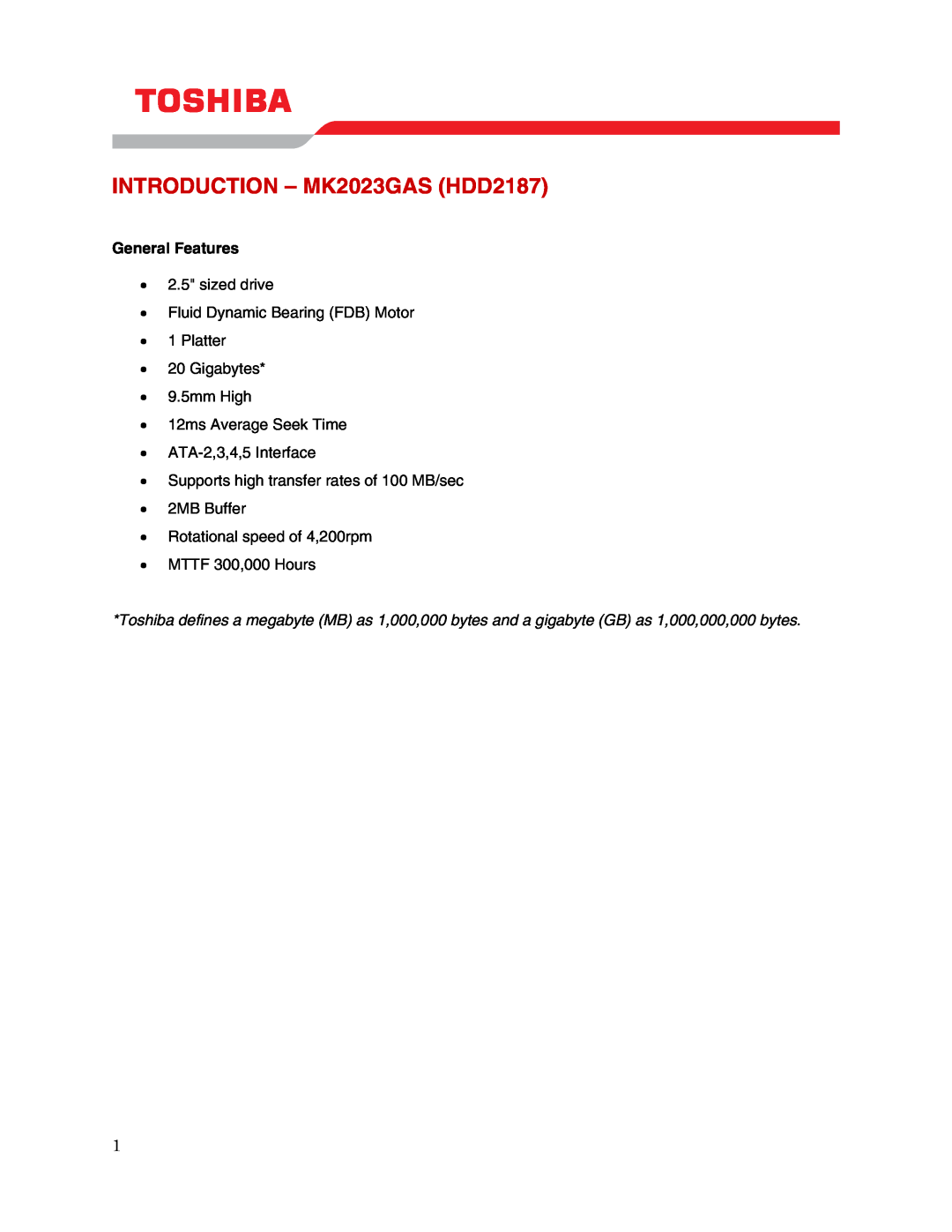 Toshiba user manual INTRODUCTION - MK2023GAS HDD2187, General Features 