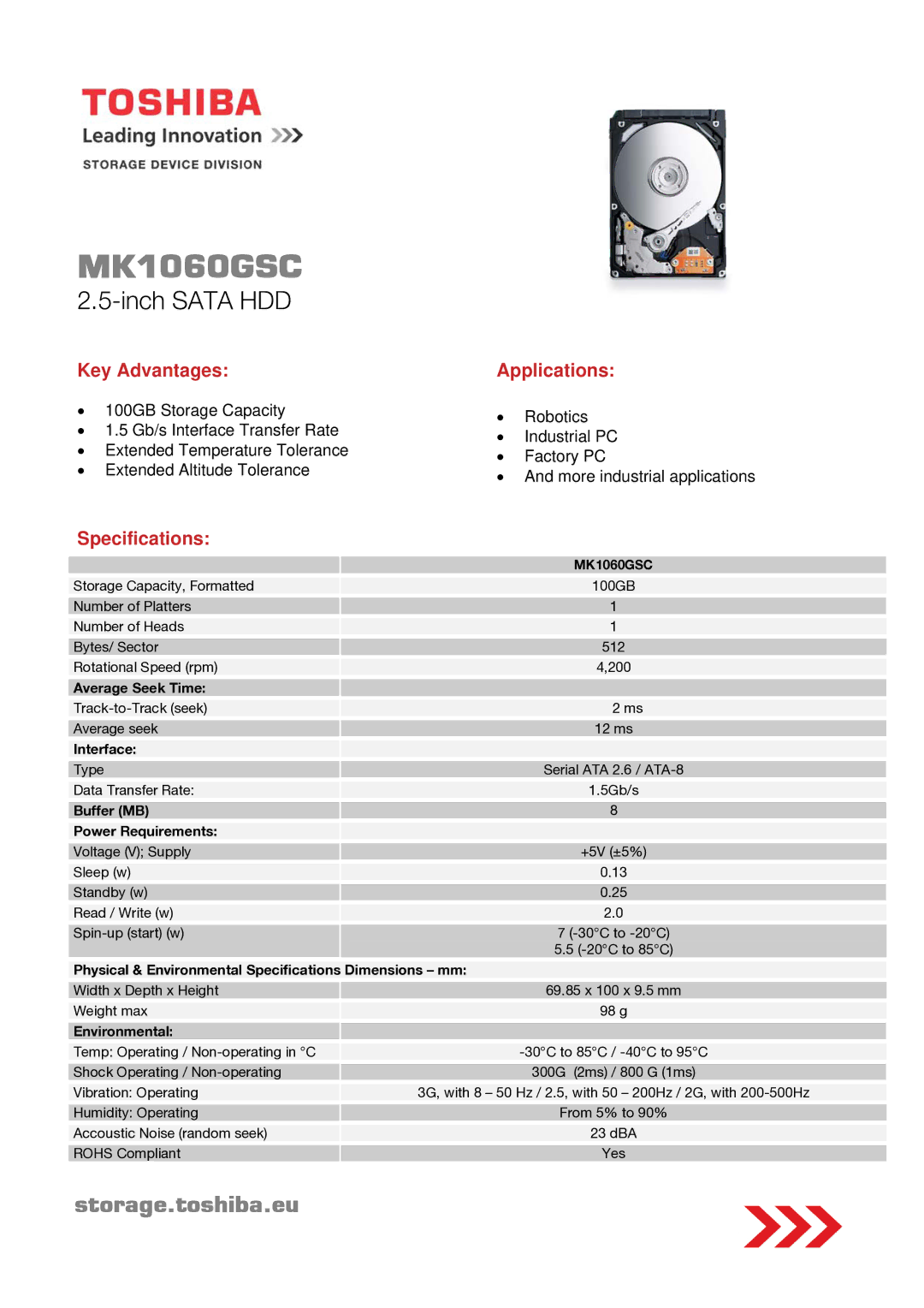 Toshiba storage.toshiba.eu MK1060GSC, MK2060GSC specifications Inch Sata HDD, Key Advantages Applications, Specifications 