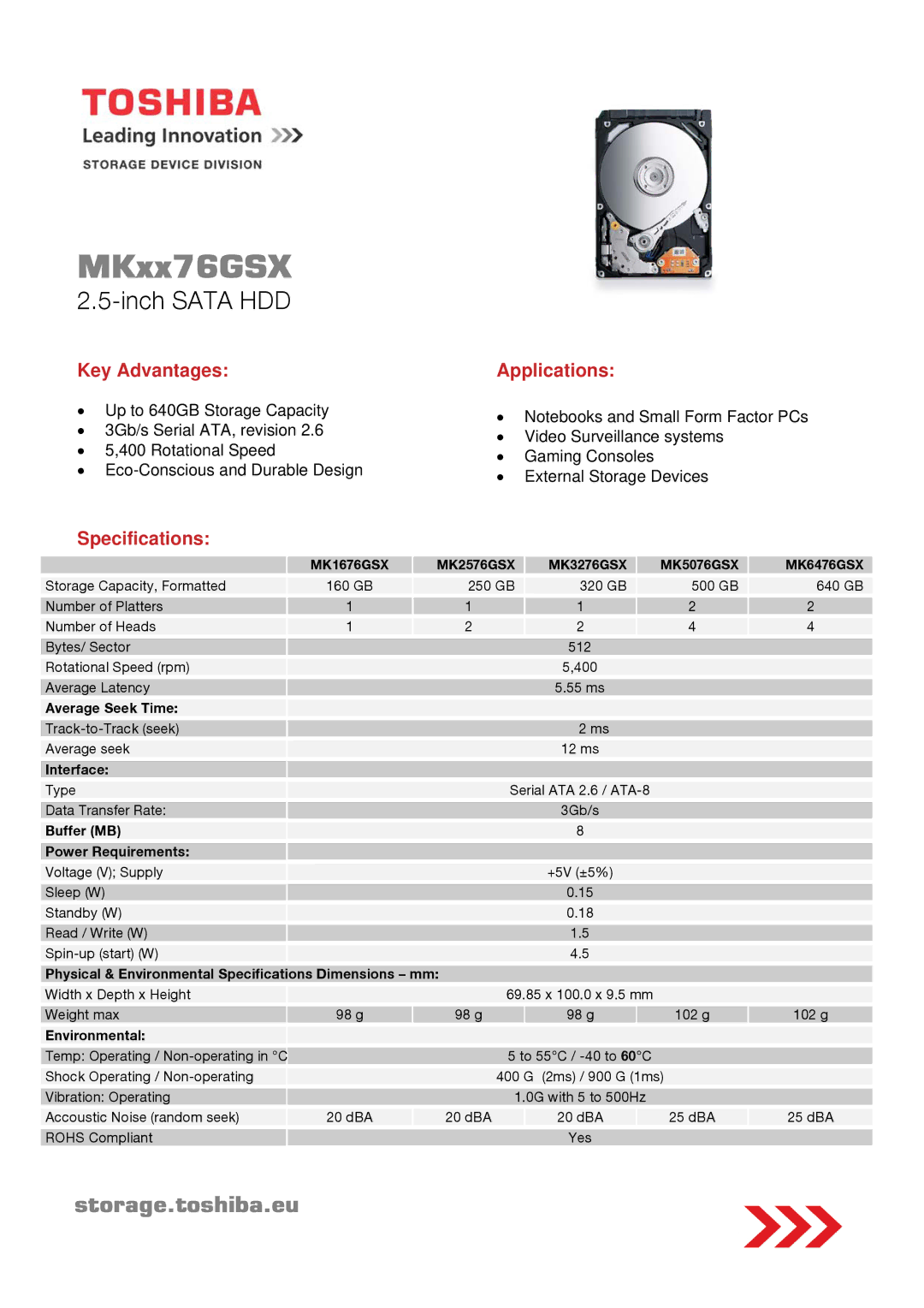 Toshiba HDD2J95, Mk2576gsx specifications MKxx76GSX, Inch Sata HDD, Key Advantages, Applications, Specifications 