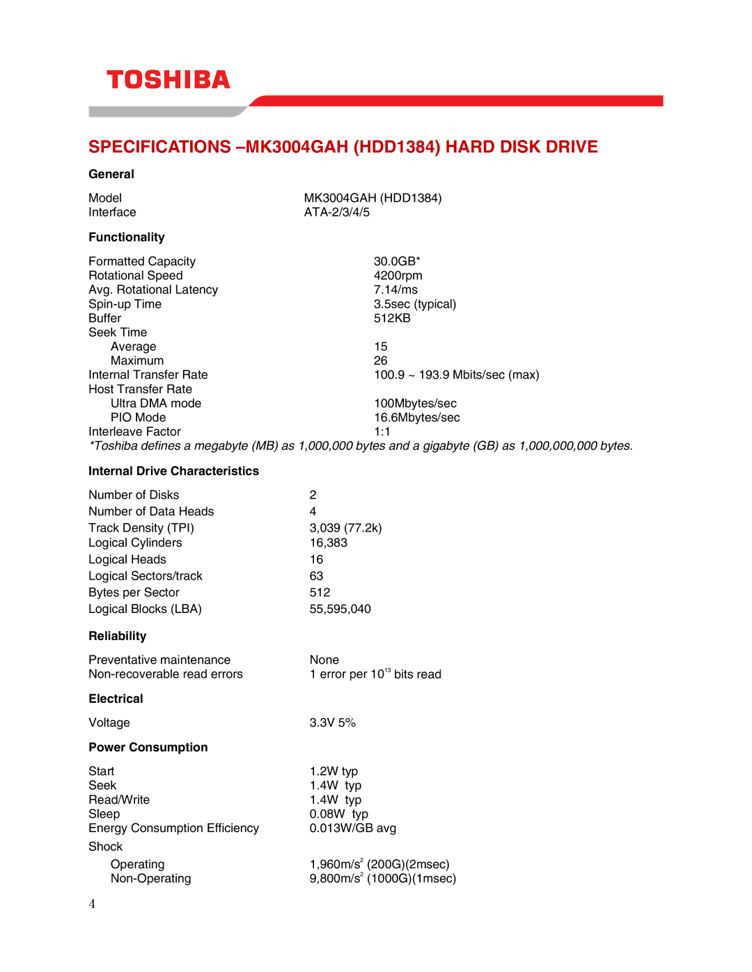 Toshiba user manual Specifications -MK3004GAH HDD1384 Hard Disk Drive 