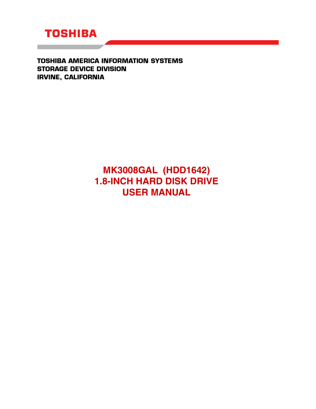 Toshiba MK3008GAL (HDD1642) user manual Inch Hard Disk Drive 