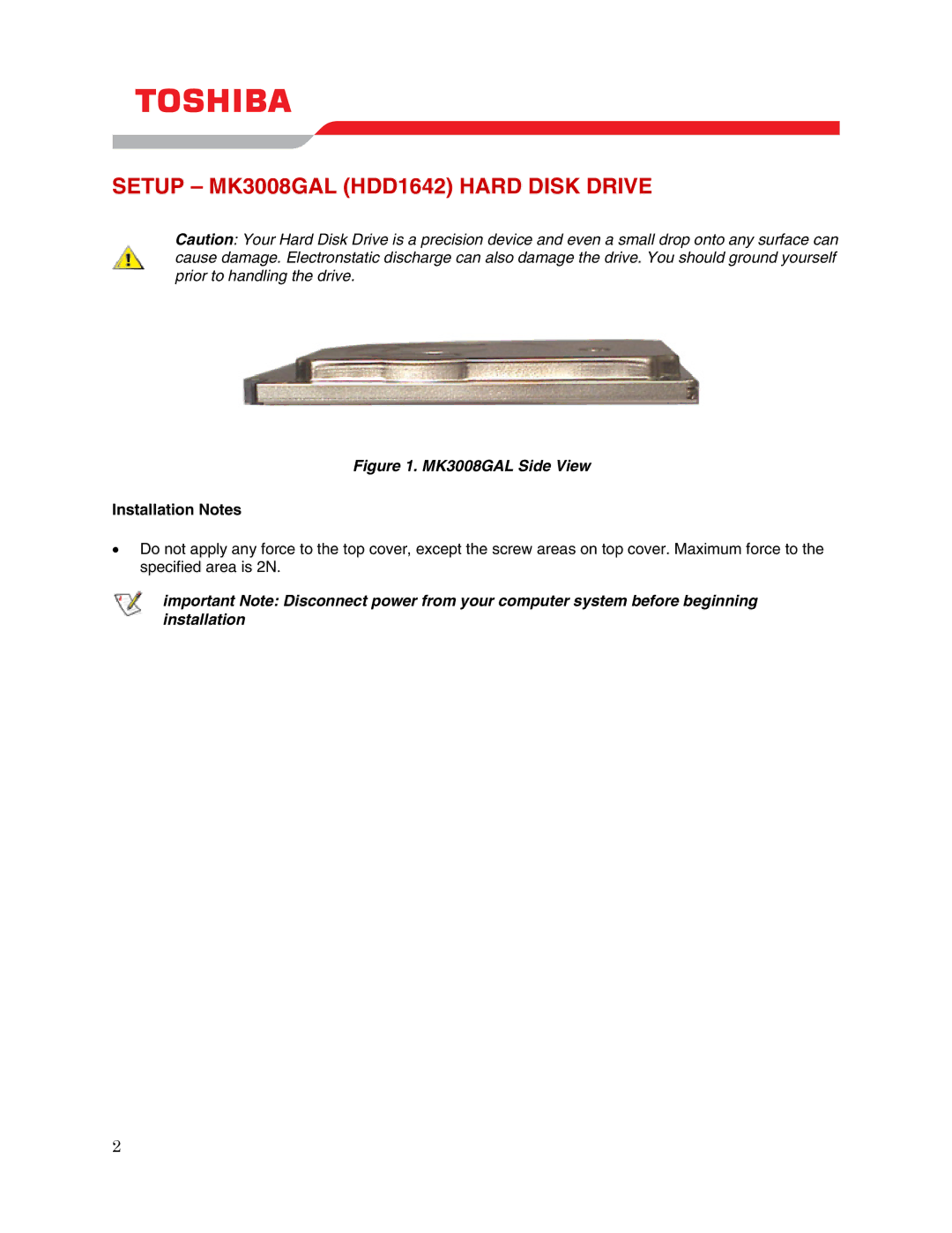 Toshiba MK3008GAL (HDD1642) user manual Setup MK3008GAL HDD1642 Hard Disk Drive, Installation Notes 