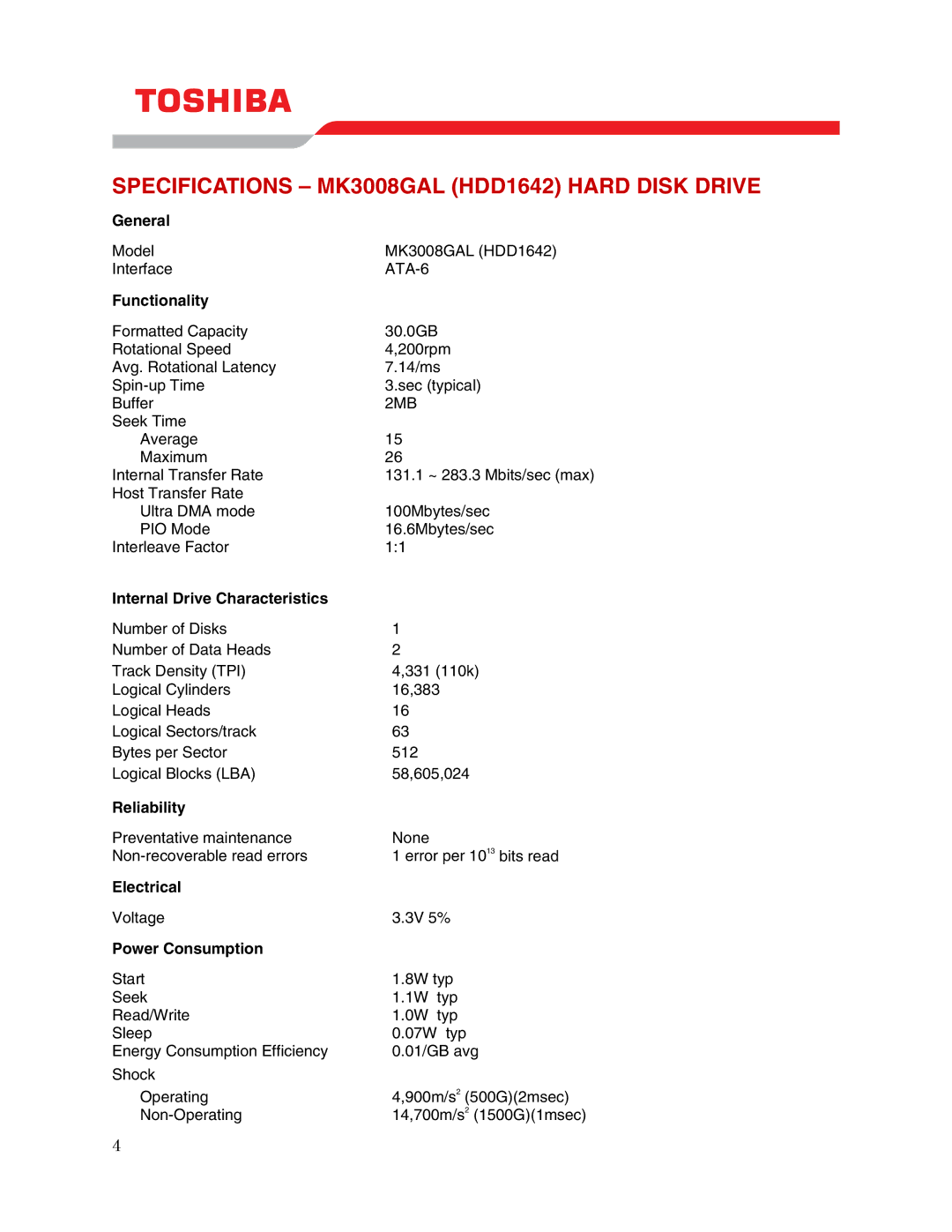 Toshiba MK3008GAL (HDD1642) user manual Specifications MK3008GAL HDD1642 Hard Disk Drive 