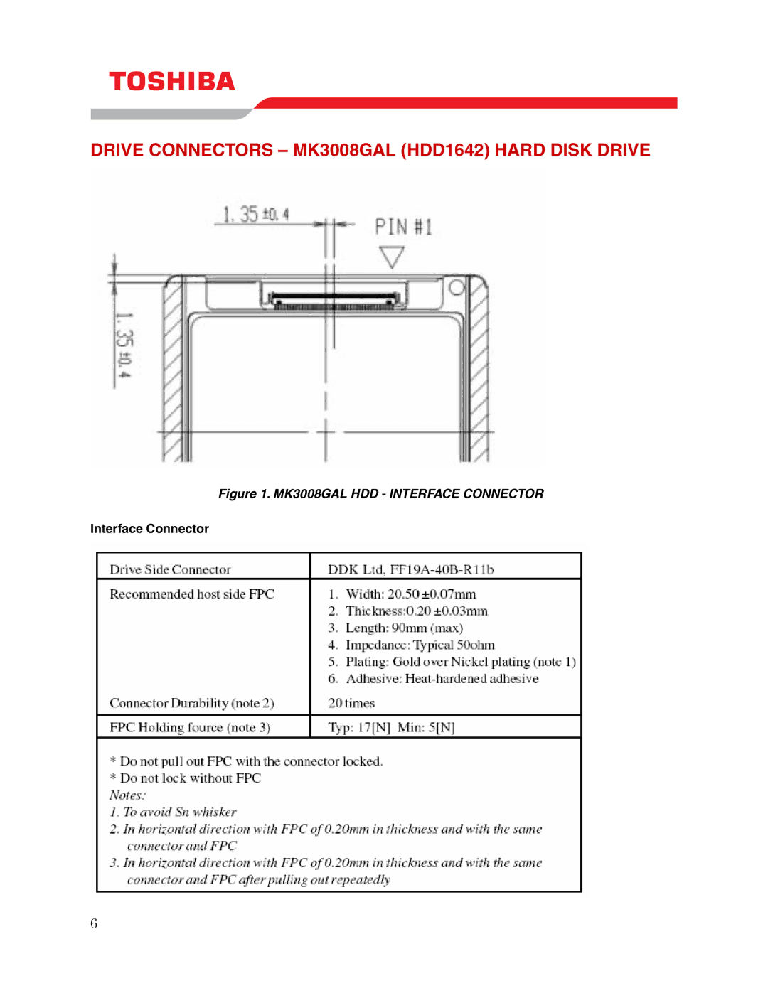 Toshiba MK3008GAL (HDD1642) user manual Drive Connectors MK3008GAL HDD1642 Hard Disk Drive, Interface Connector 