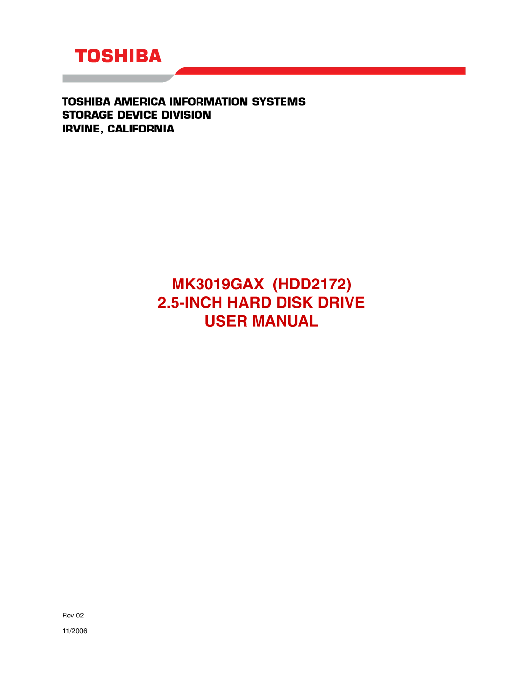 Toshiba MK3019GAX user manual Inch Hard Disk Drive 