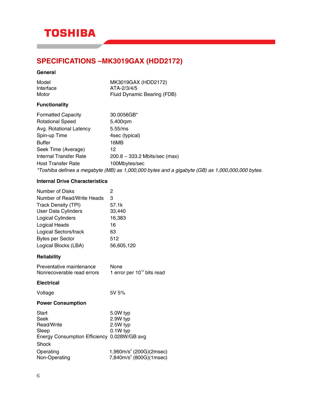 Toshiba user manual Specifications -MK3019GAX HDD2172 