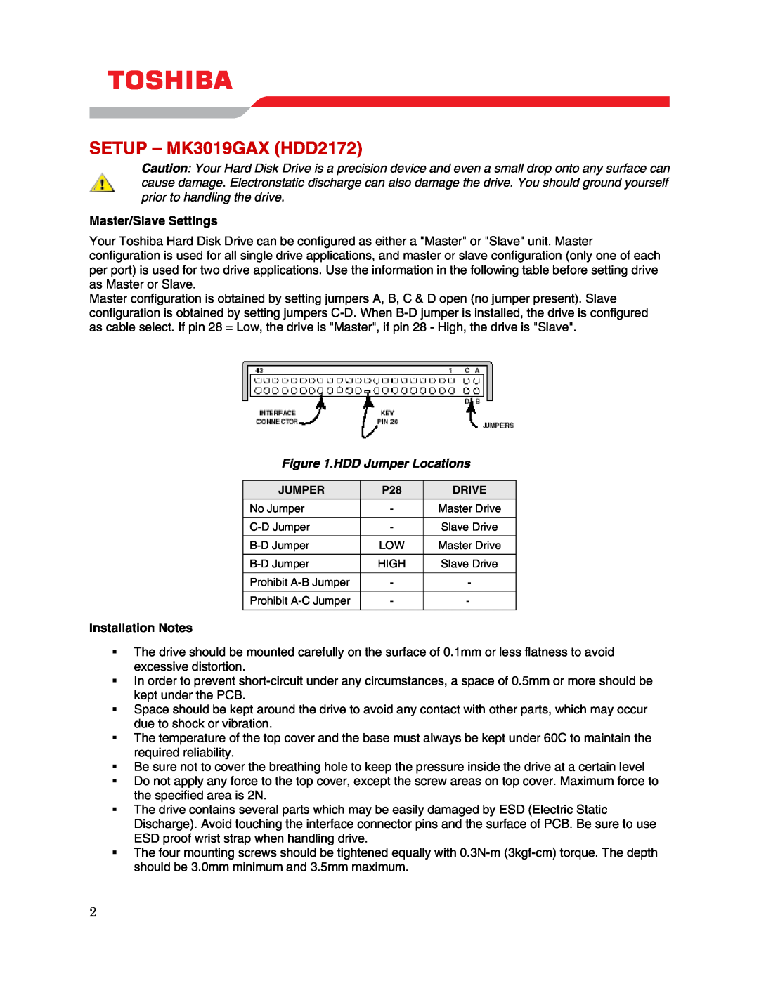 Toshiba user manual SETUP - MK3019GAX HDD2172, Master/Slave Settings, HDD Jumper Locations, Installation Notes 