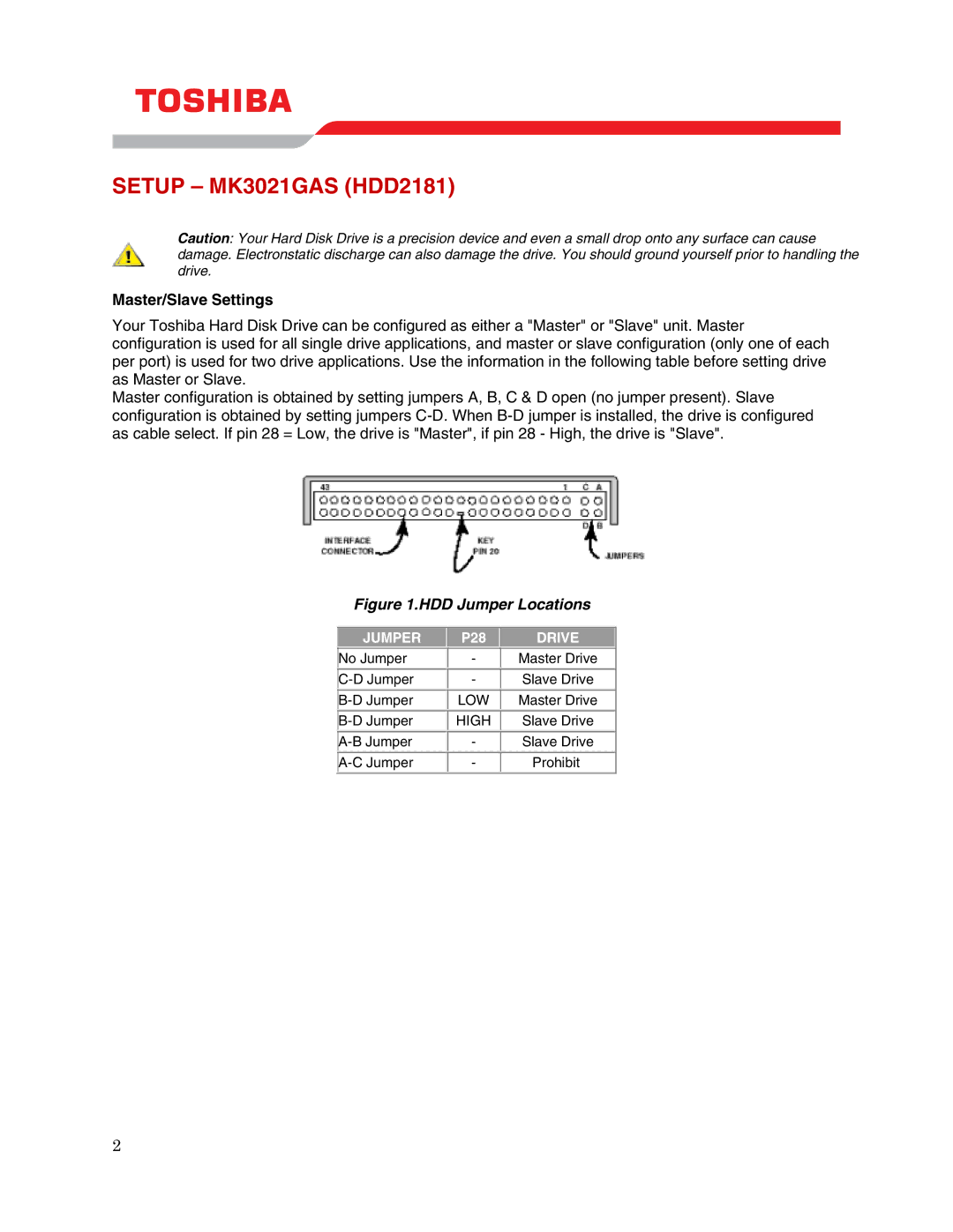 Toshiba MK3021GAS (HDD2181) user manual Setup MK3021GAS HDD2181, Master/Slave Settings 