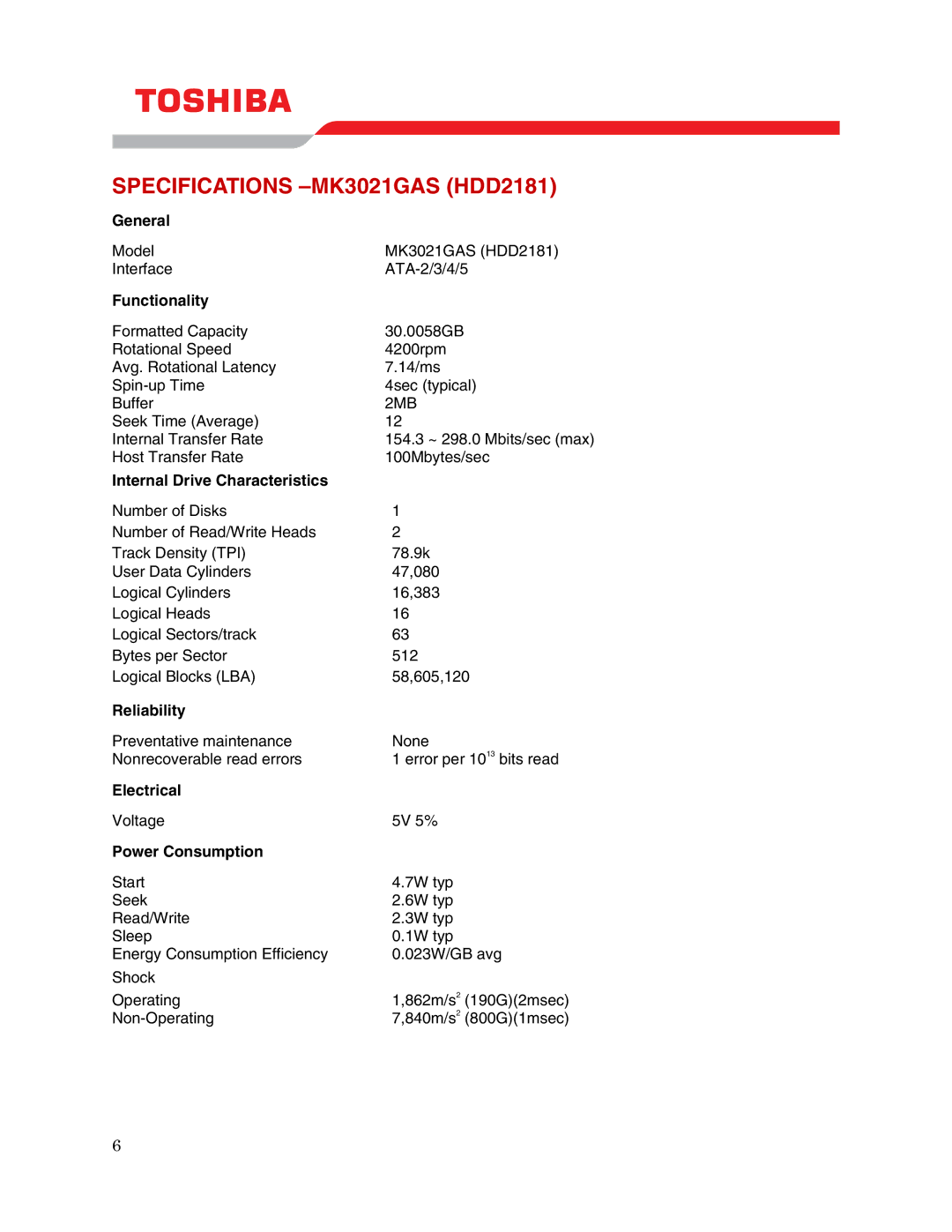 Toshiba MK3021GAS (HDD2181) user manual Specifications -MK3021GAS HDD2181 