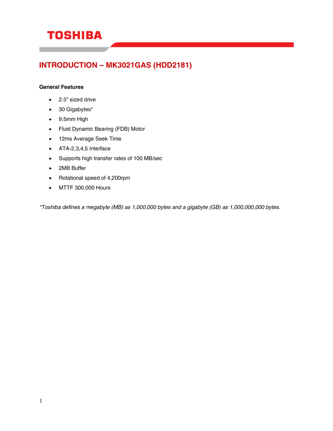 Toshiba user manual Introduction MK3021GAS HDD2181, General Features 