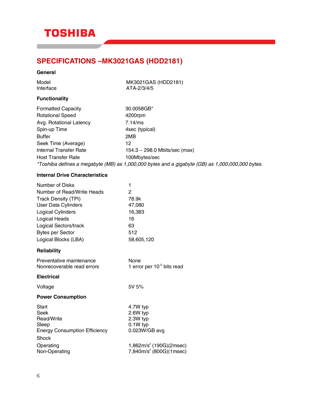 Toshiba user manual Specifications -MK3021GAS HDD2181 