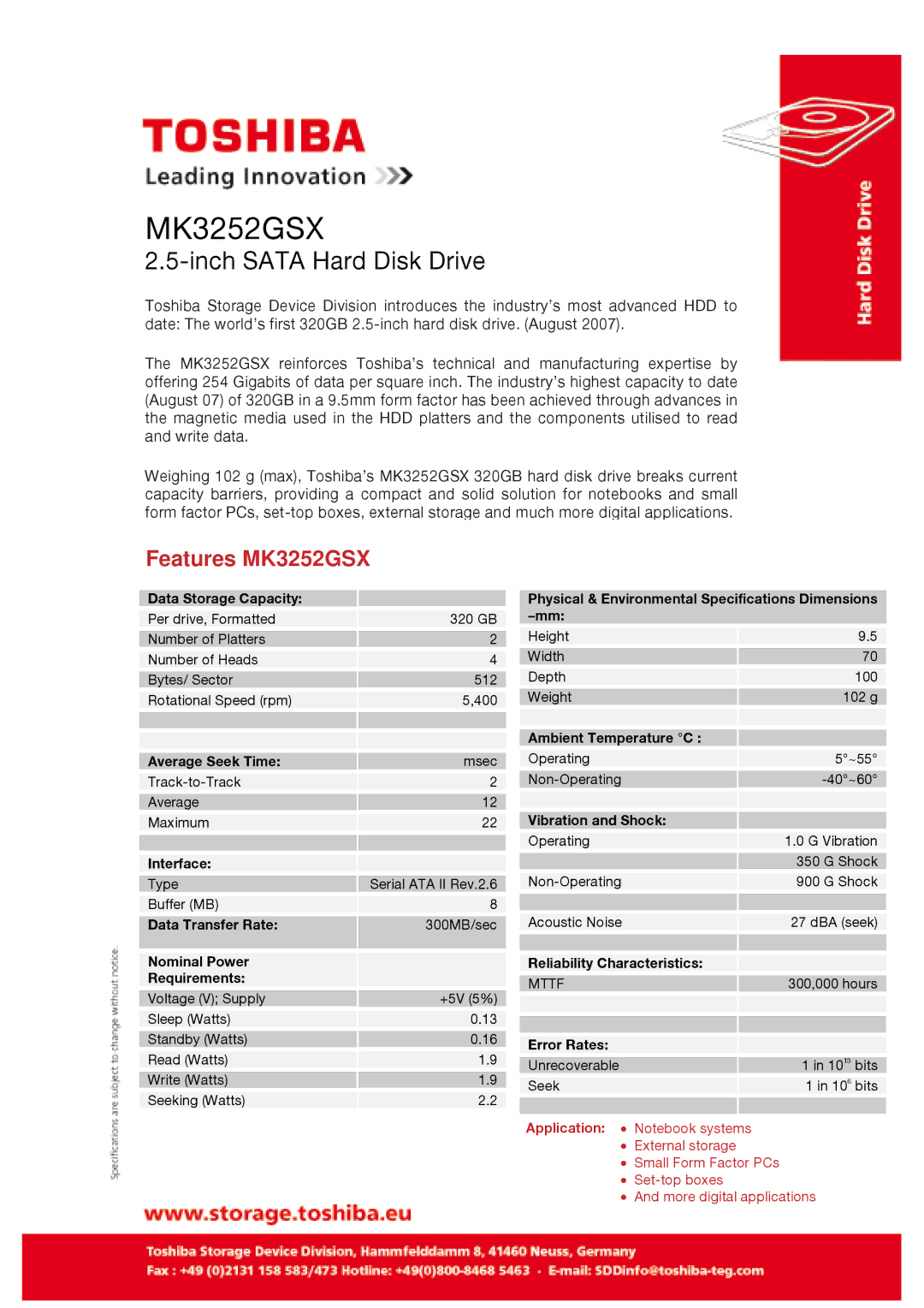 Toshiba specifications Inch Sata Hard Disk Drive, Features MK3252GSX 