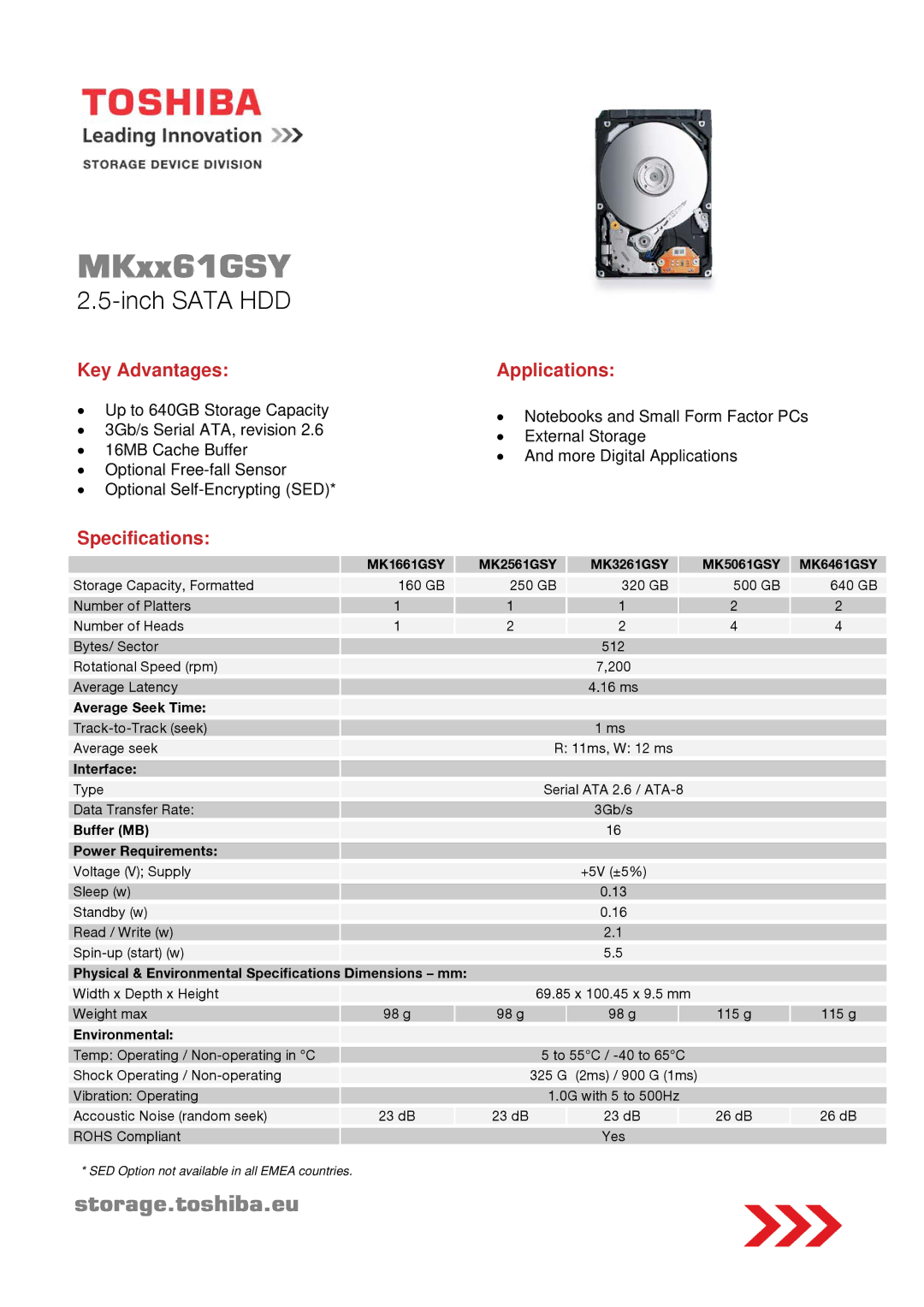 Toshiba MKxx61GSY, MK3261GSY specifications Inch Sata HDD, Key Advantages Applications, Specifications 