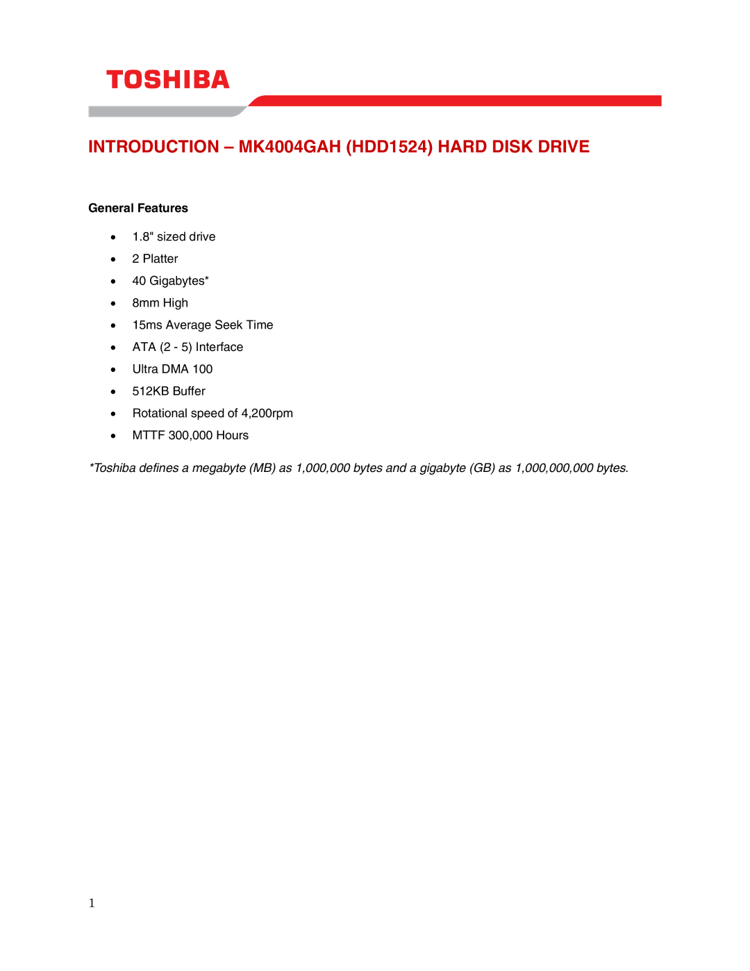 Toshiba user manual Introduction MK4004GAH HDD1524 Hard Disk Drive, General Features 