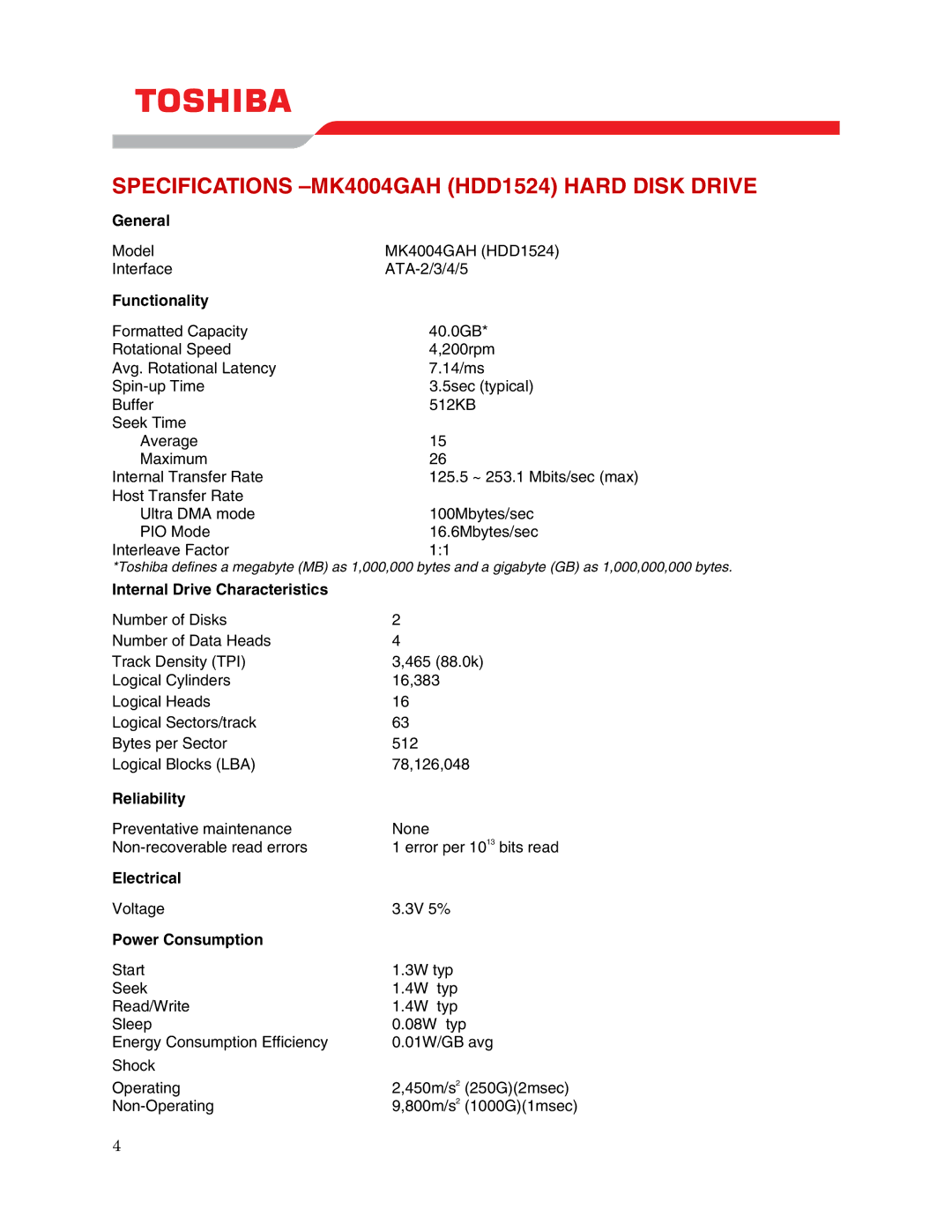 Toshiba user manual Specifications -MK4004GAH HDD1524 Hard Disk Drive 