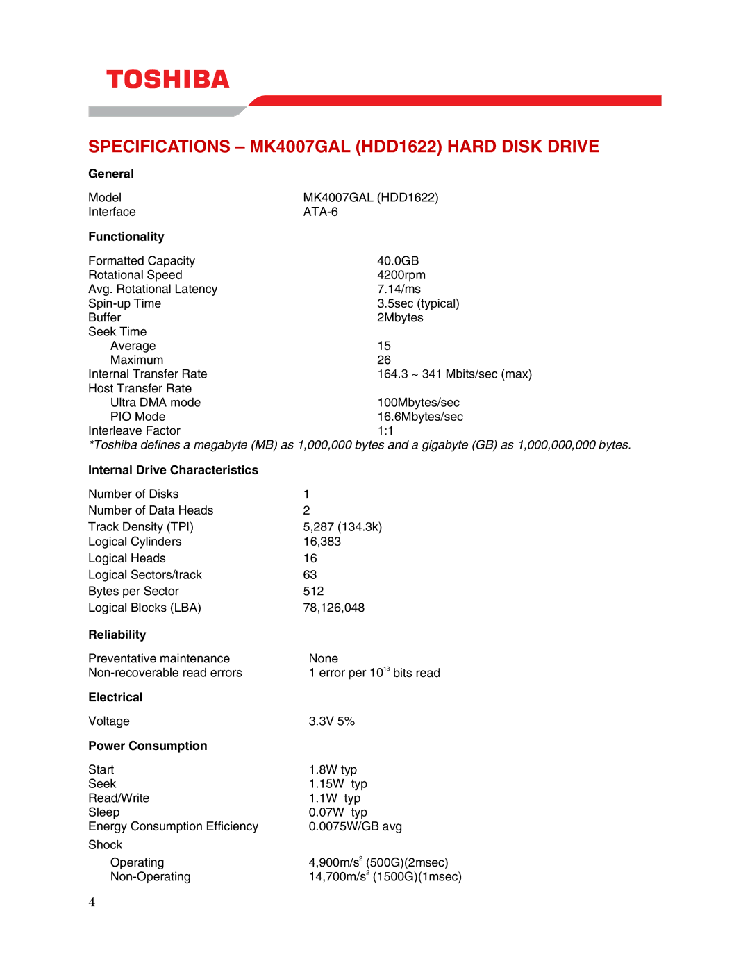 Toshiba user manual Specifications MK4007GAL HDD1622 Hard Disk Drive 