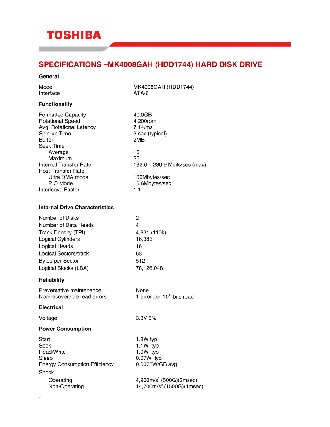 Toshiba user manual Specifications -MK4008GAH HDD1744 Hard Disk Drive 