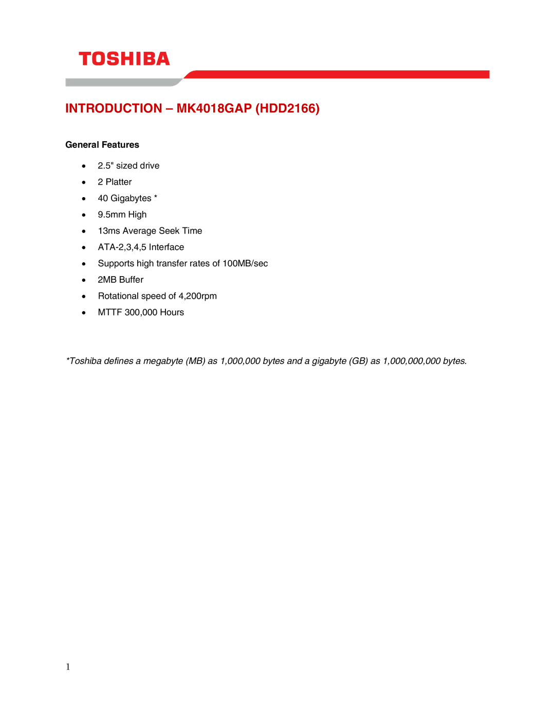 Toshiba user manual Introduction MK4018GAP HDD2166, General Features 