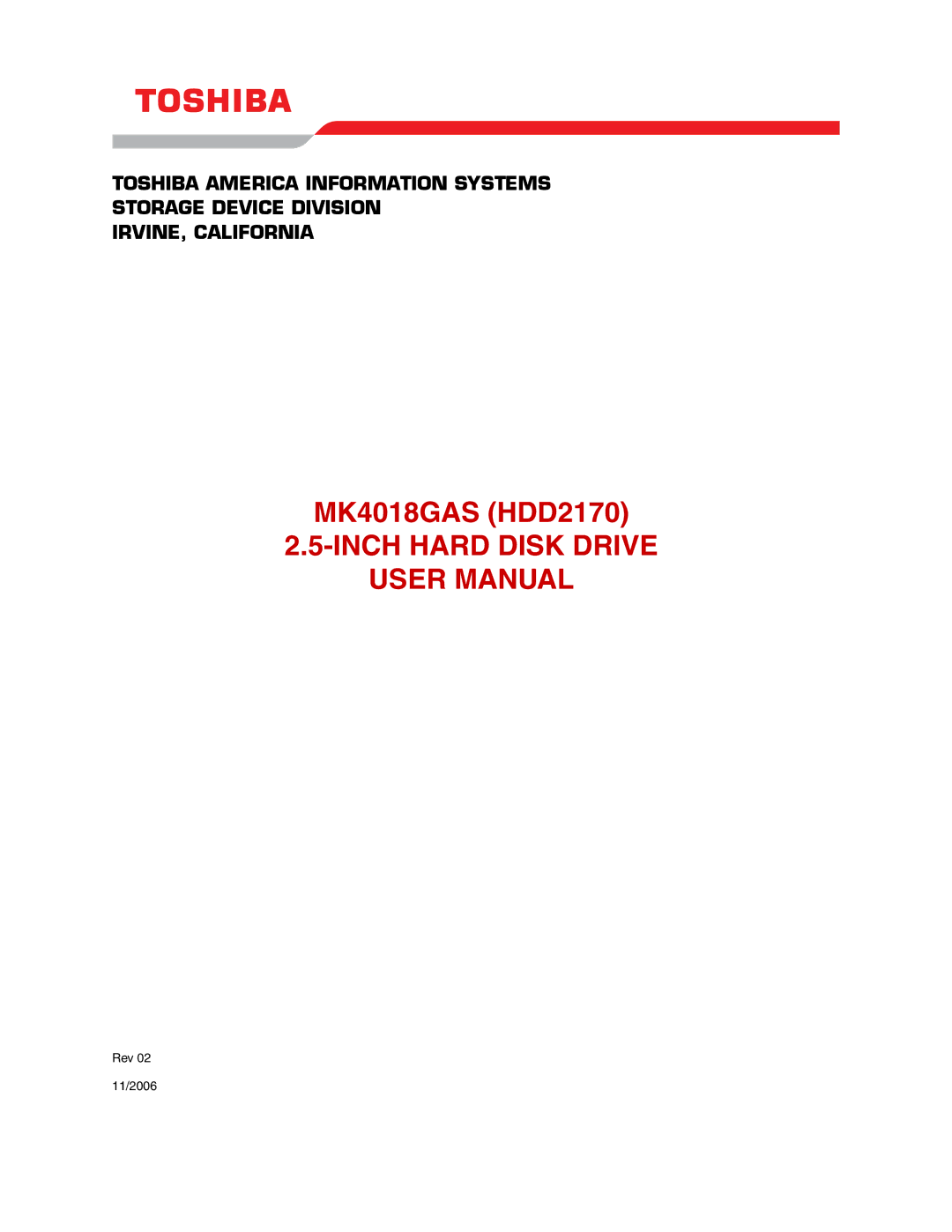 Toshiba MK4018GAS (HDD2170) user manual Inch Hard Disk Drive 