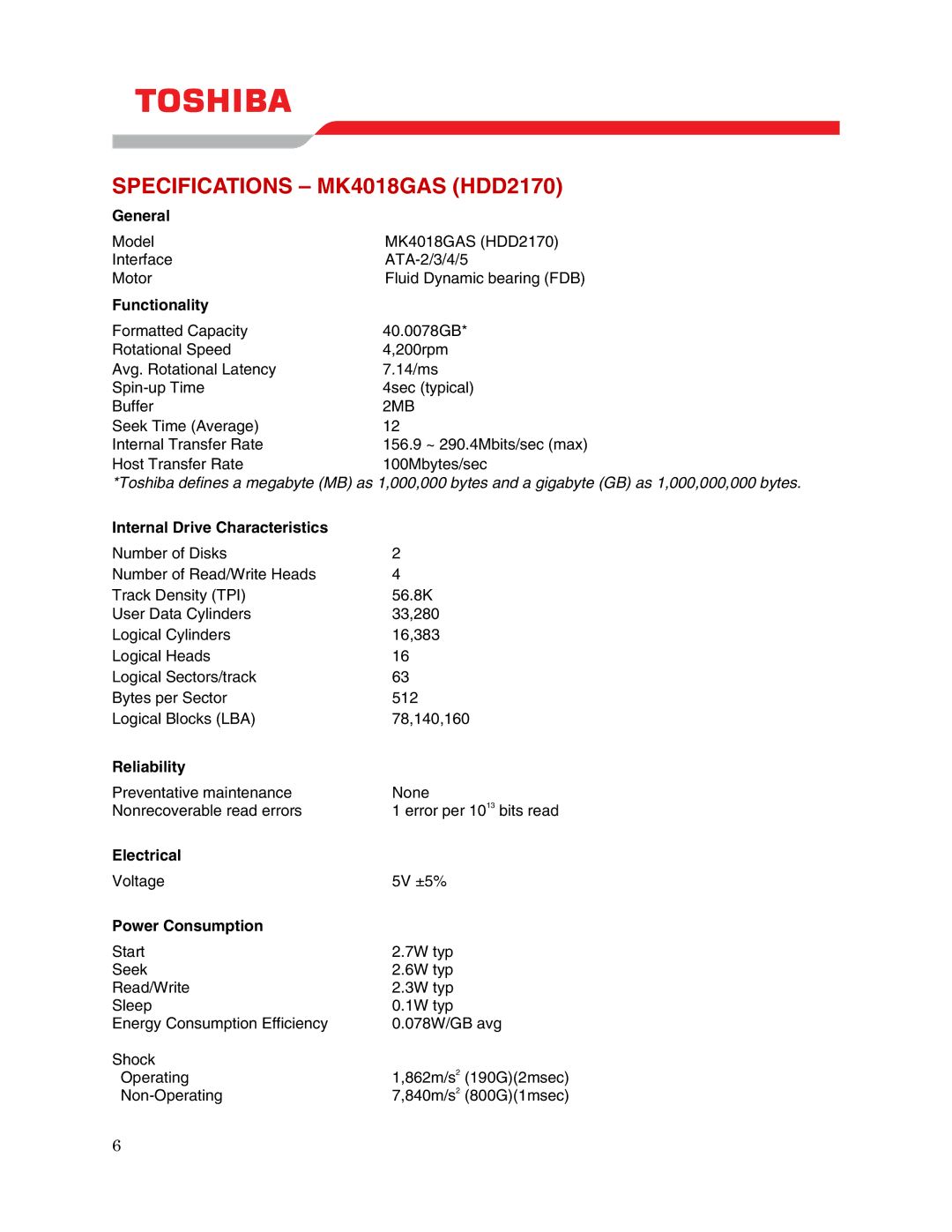 Toshiba user manual Specifications MK4018GAS HDD2170 