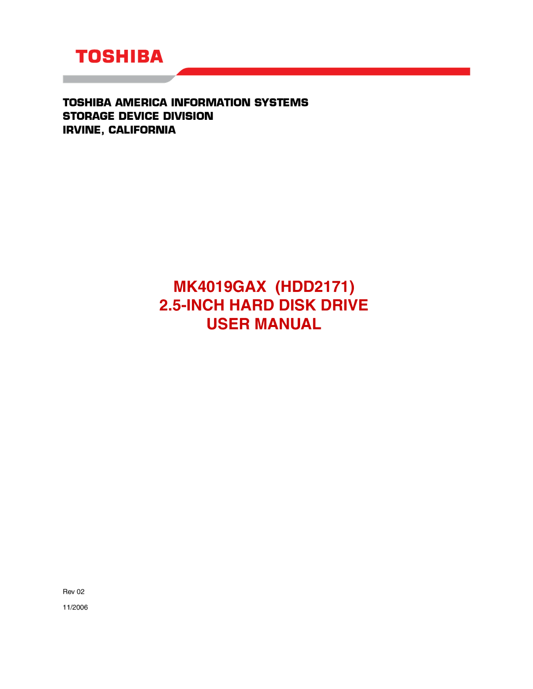 Toshiba MK4019GAX user manual Inch Hard Disk Drive 