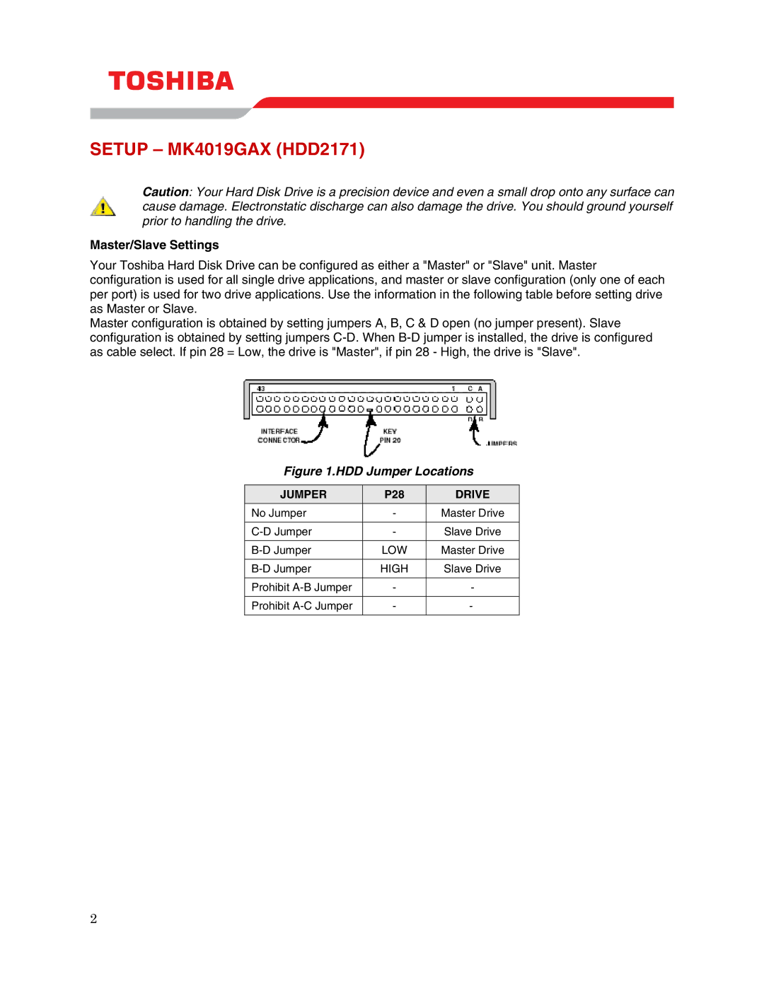 Toshiba user manual Setup MK4019GAX HDD2171, Master/Slave Settings 