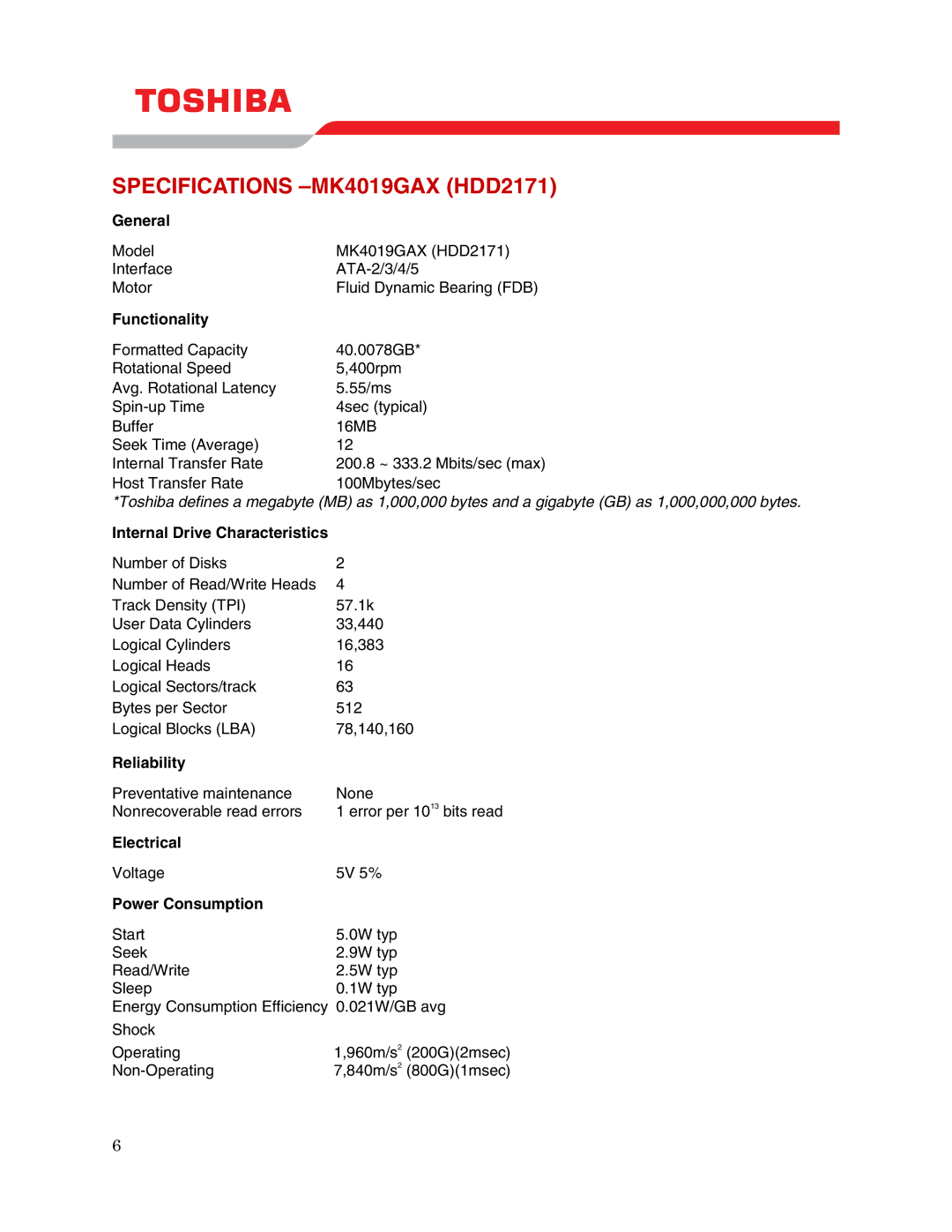 Toshiba user manual Specifications -MK4019GAX HDD2171 