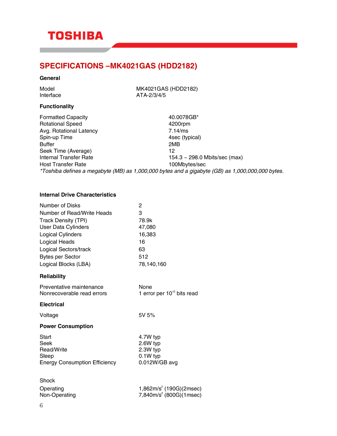 Toshiba user manual Specifications -MK4021GAS HDD2182 