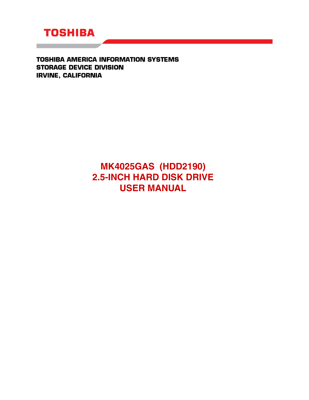 Toshiba MK4025GAS user manual Inch Hard Disk Drive 