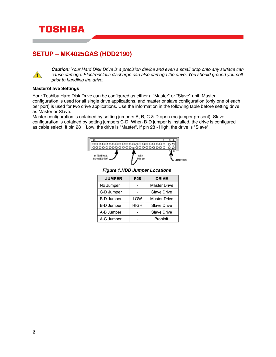 Toshiba user manual Setup MK4025GAS HDD2190, Master/Slave Settings 