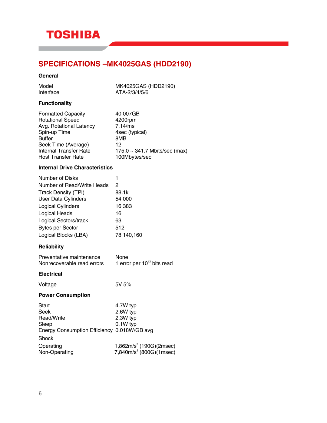 Toshiba user manual Specifications -MK4025GAS HDD2190 