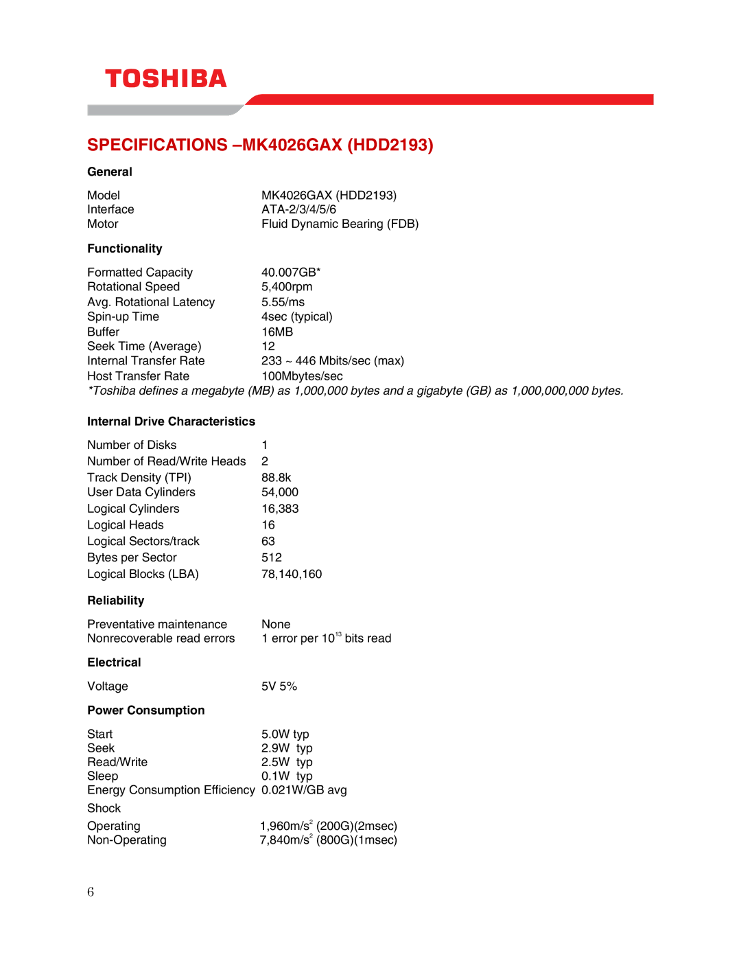 Toshiba MK4026GAX (HDD2193) user manual Specifications -MK4026GAX HDD2193 