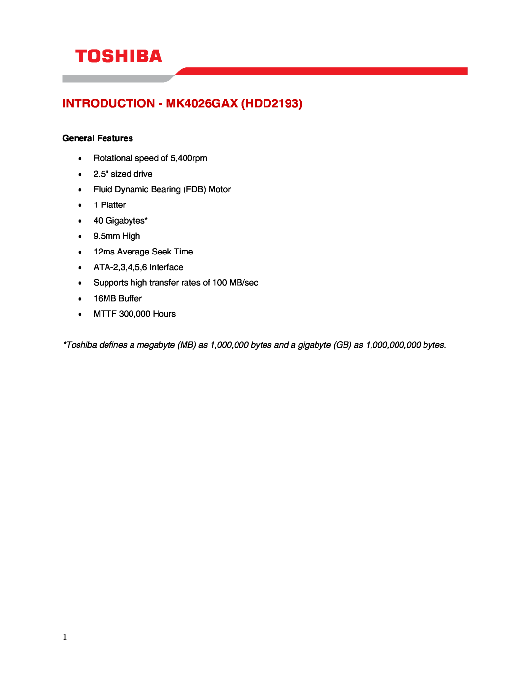 Toshiba MK4026GAX (HDD2193) user manual INTRODUCTION - MK4026GAX HDD2193, General Features 