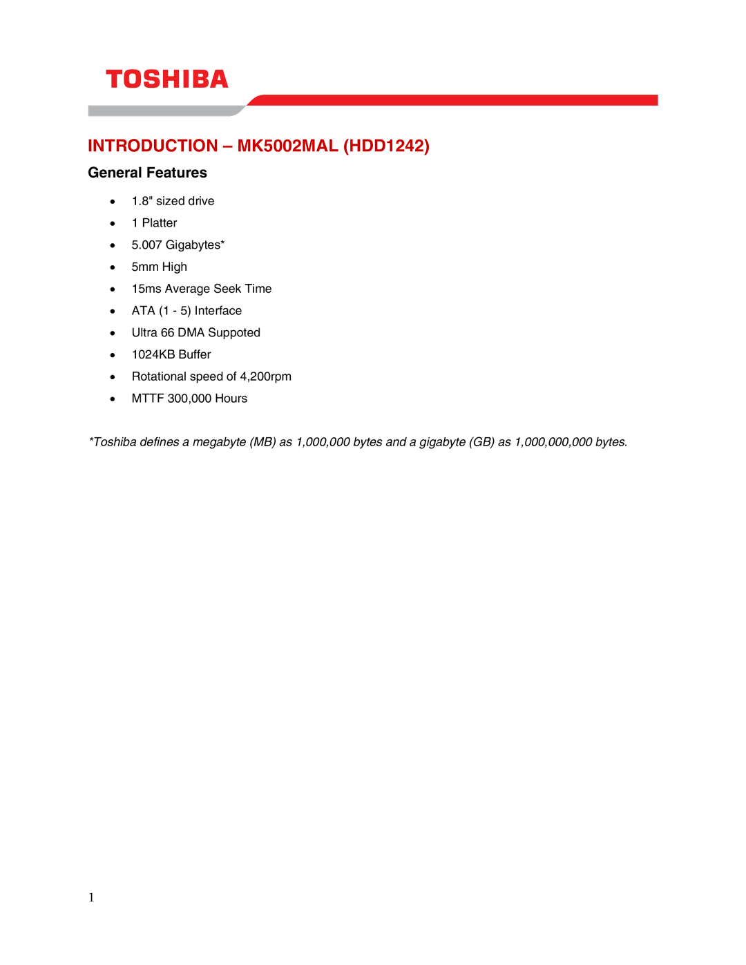 Toshiba user manual Introduction MK5002MAL HDD1242, General Features 